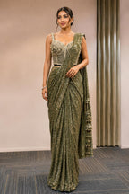 Mehndi Ready-to-Wear Drape Saree with Heavy Hand Embroidered Blouse, Designer Cocktail Saree, Imported Fabric