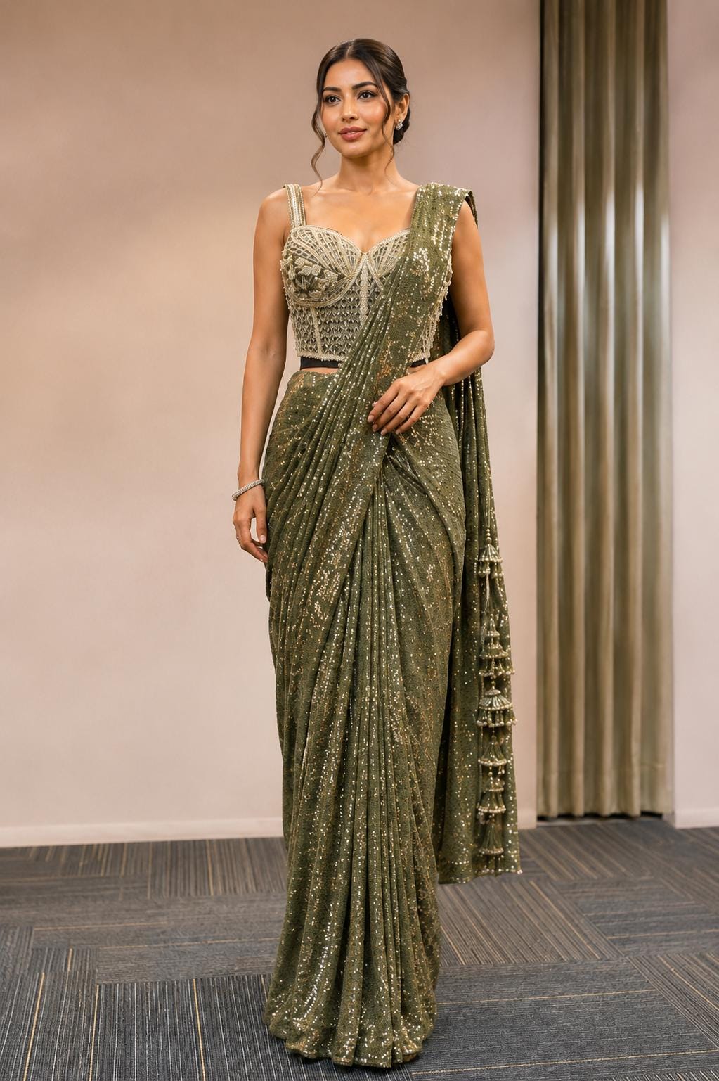 Mehndi Ready-to-Wear Drape Saree with Heavy Hand Embroidered Blouse, Designer Cocktail Saree, Imported Fabric