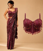 Maroon Ready-to-Wear Drape Saree with Heavy Hand Embroidered Blouse, Designer Cocktail Saree, Imported Fabric