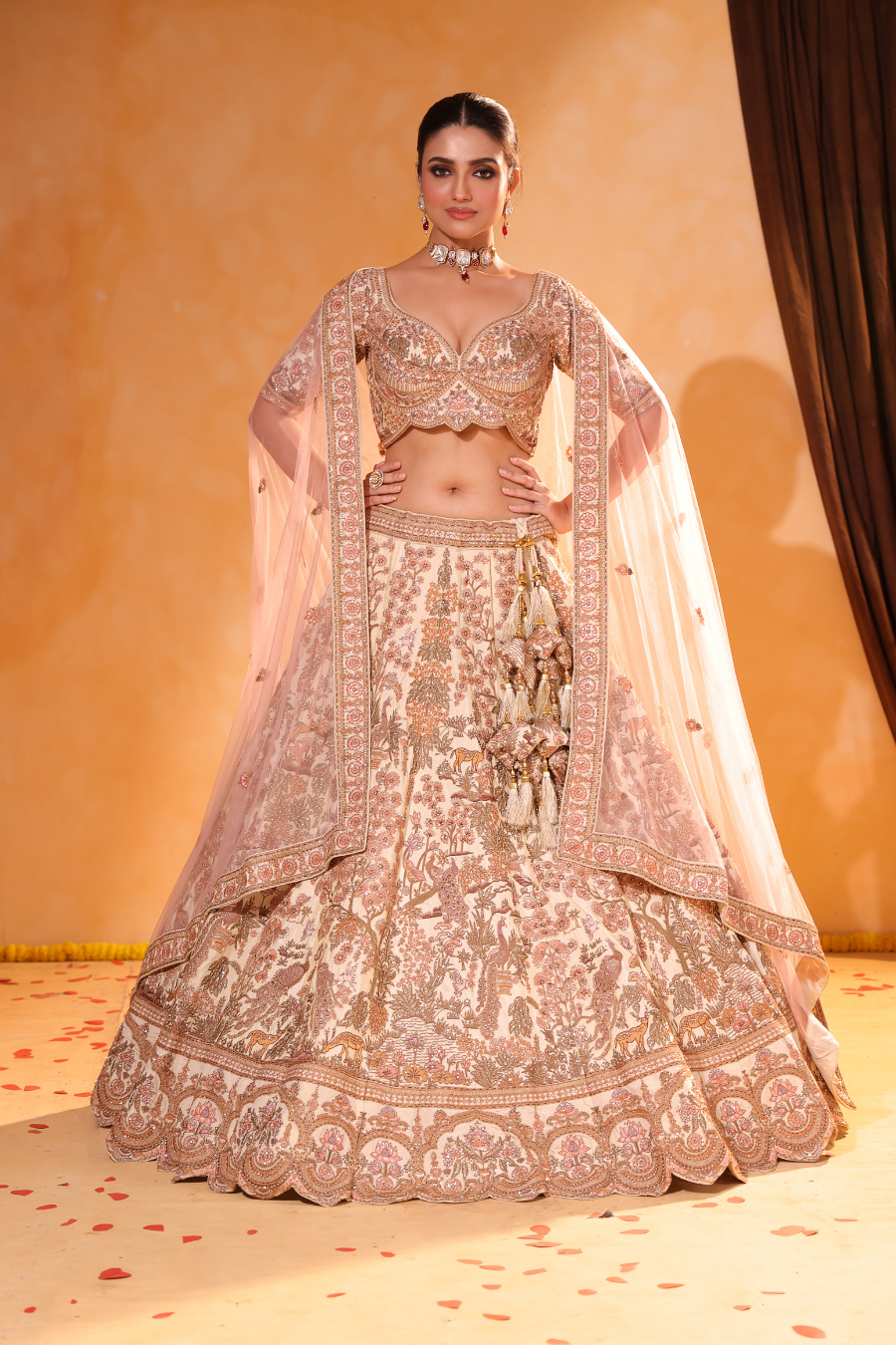 Beige Bahaar – Floral & Peacock Embroidered Lehenga