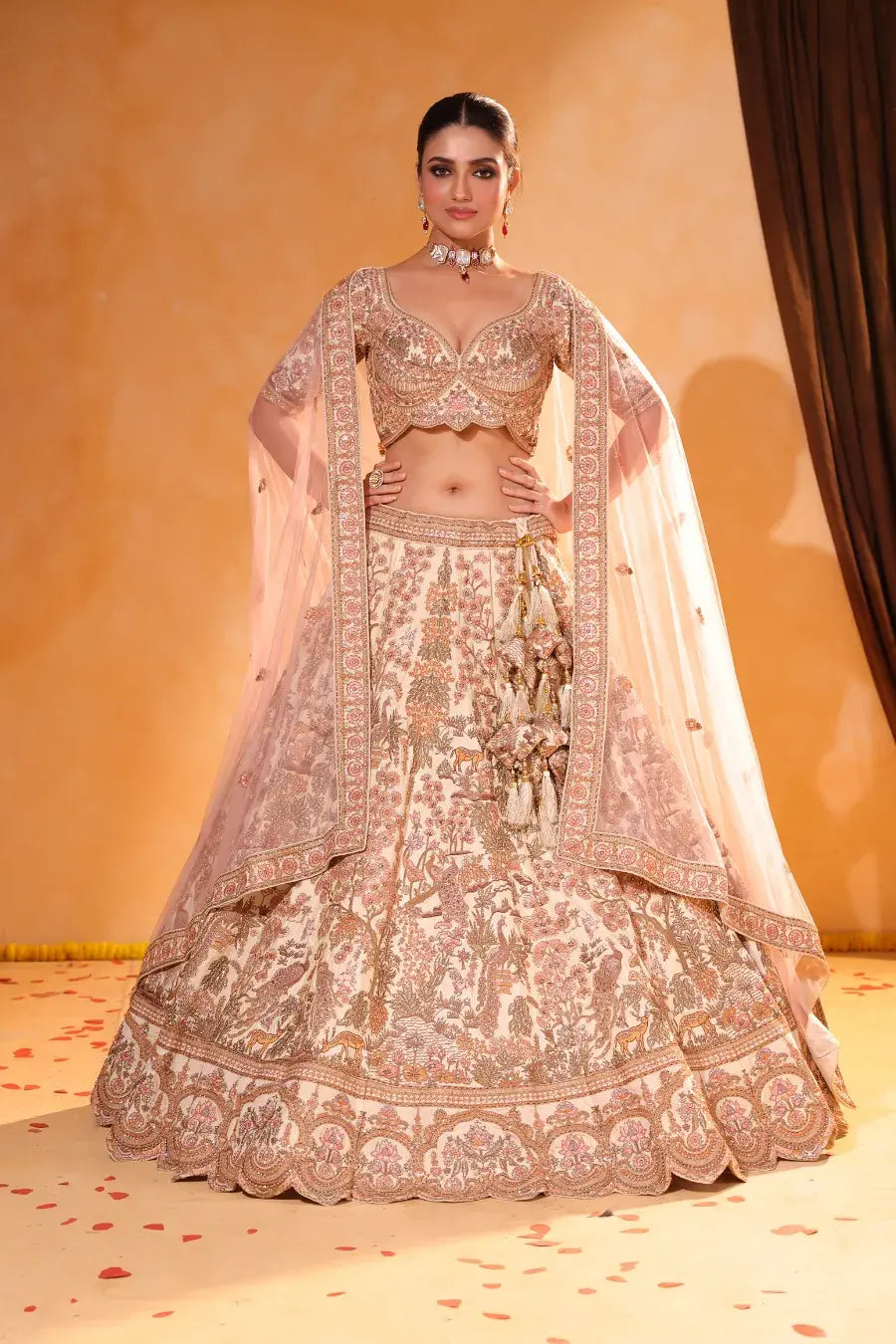 Beige Bahaar – Floral & Peacock Embroidered Lehenga