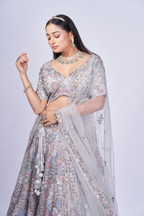 SILVER GREY MULTI-THREAD EMBROIDERED LEHENGA SET