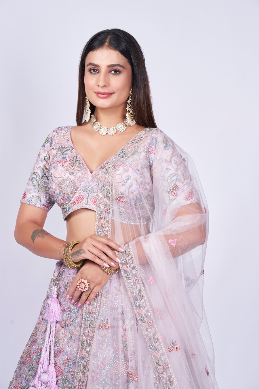 IVORY MULTI-COLOR FLORAL EMBROIDERED LEHENGA SET