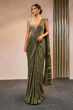 Mehndi Ready-to-Wear Drape Saree with Heavy Hand Embroidered Blouse, Designer Cocktail Saree, Imported Fabric