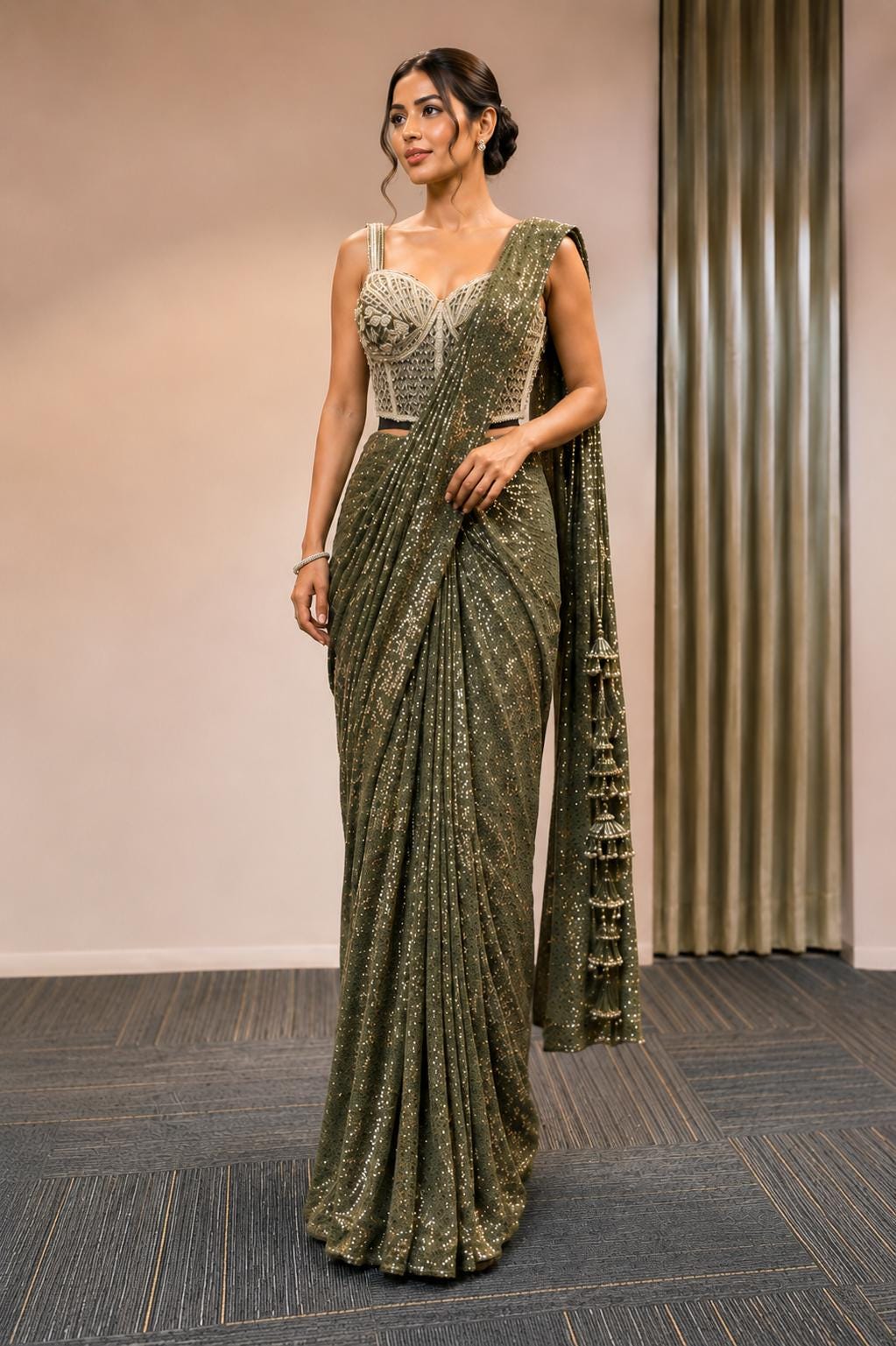 Mehndi Ready-to-Wear Drape Saree with Heavy Hand Embroidered Blouse, Designer Cocktail Saree, Imported Fabric