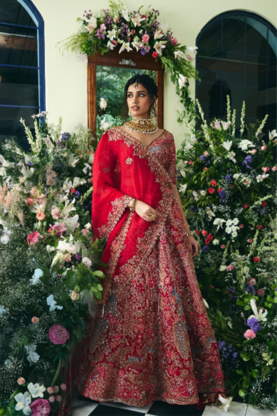 Regal Ruby Red Hand-Embroidered Bridal Lehenga