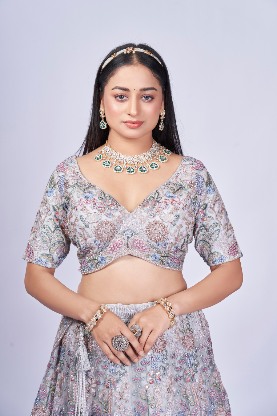 SILVER GREY MULTI-THREAD EMBROIDERED LEHENGA SET