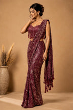 Maroon Ready-to-Wear Drape Saree with Heavy Hand Embroidered Blouse, Designer Cocktail Saree, Imported Fabric