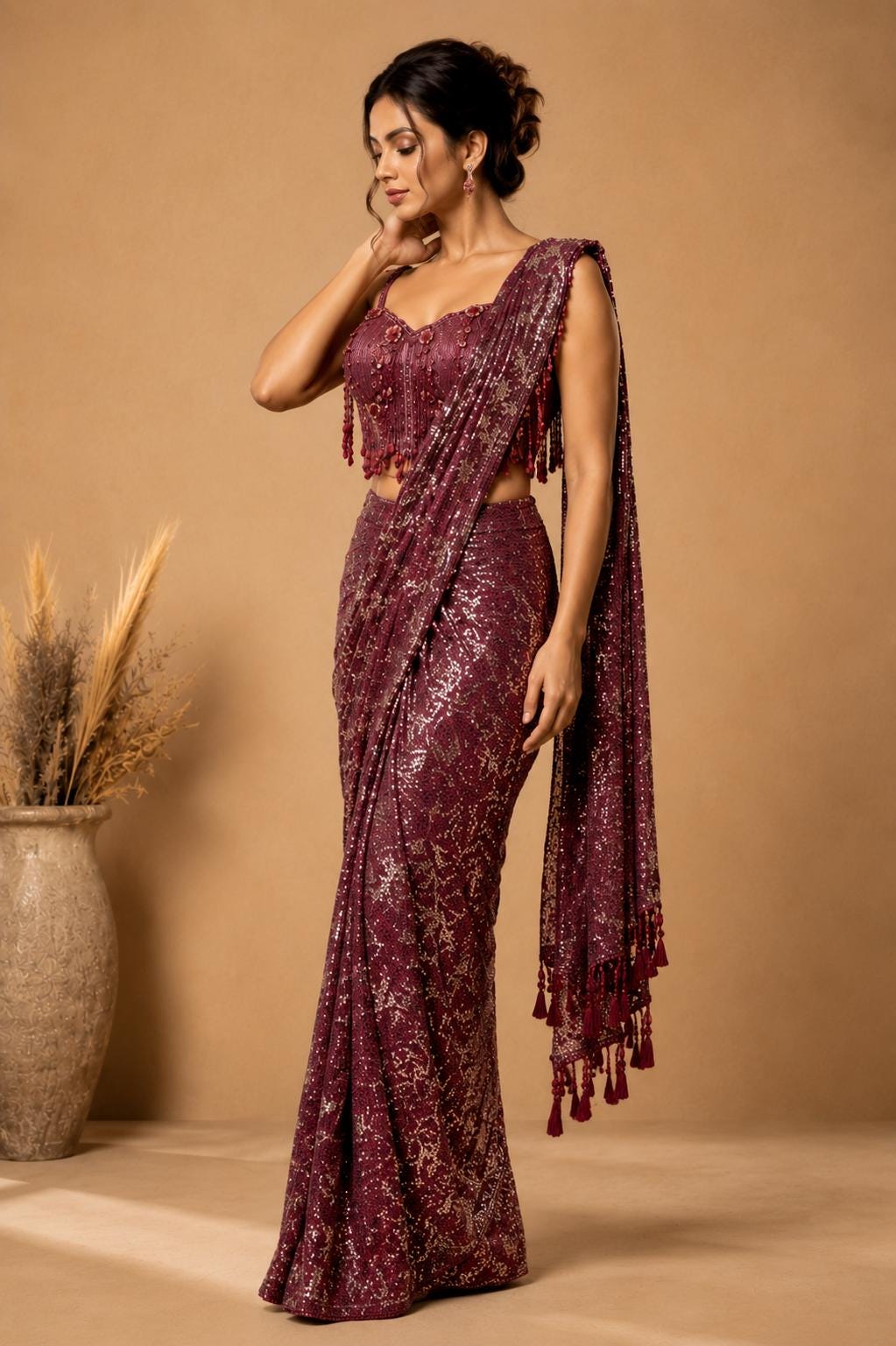Maroon Ready-to-Wear Drape Saree with Heavy Hand Embroidered Blouse, Designer Cocktail Saree, Imported Fabric