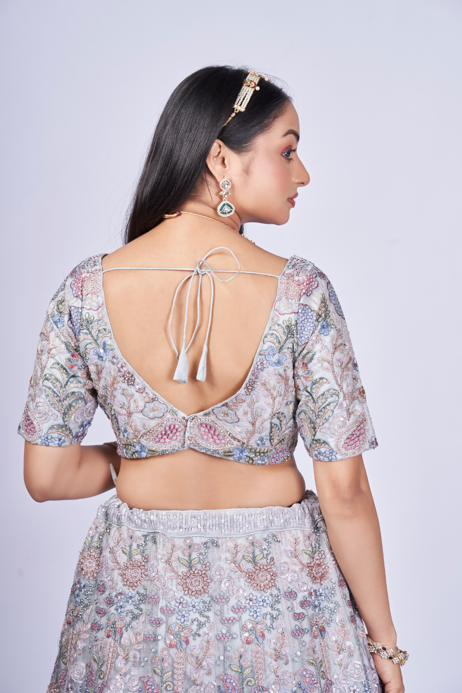 SILVER GREY MULTI-THREAD EMBROIDERED LEHENGA SET