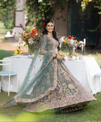 Sage Teal Pastel Floral Hand-Embroidered Couture Lehenga