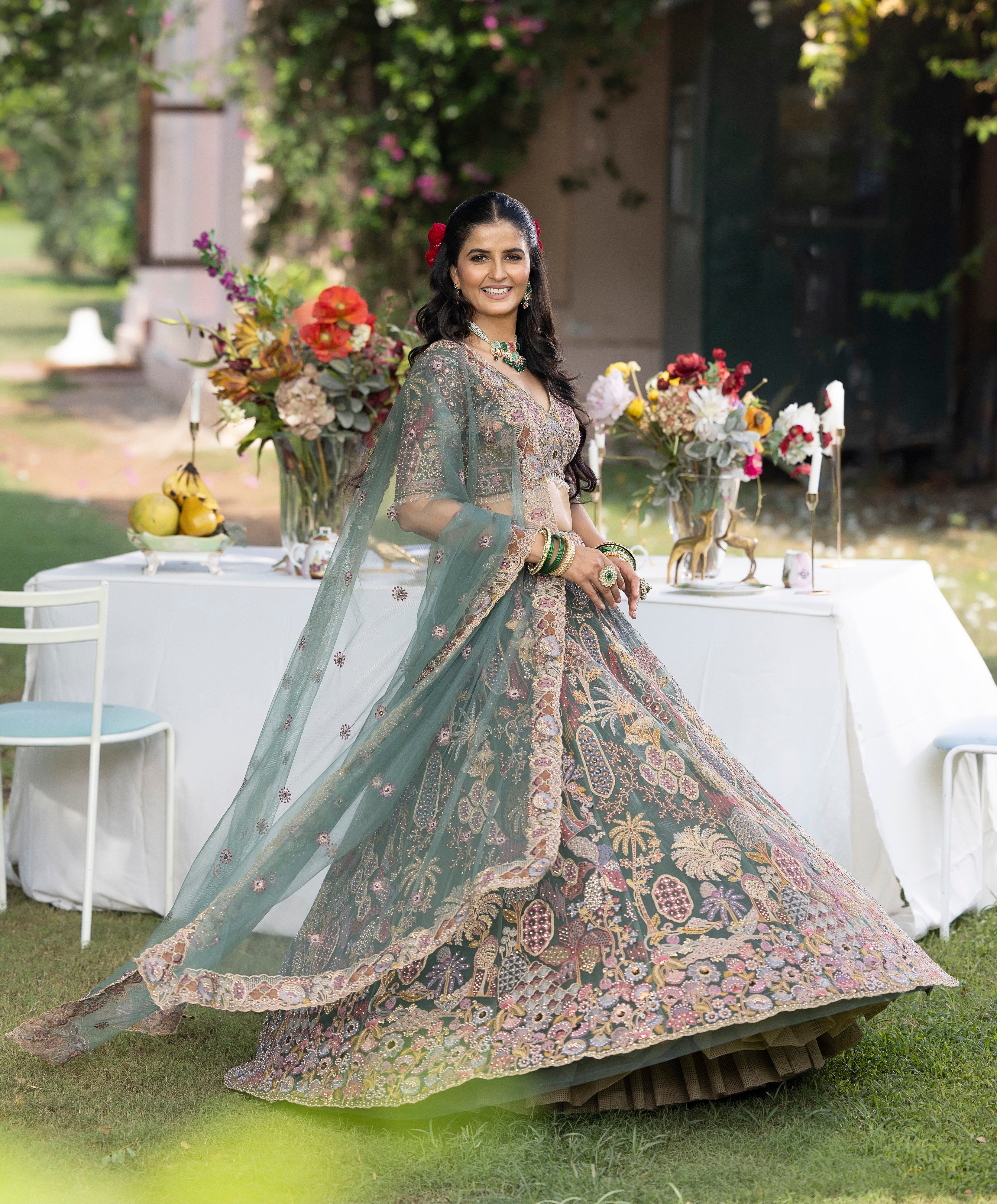 Sage Teal Pastel Floral Hand-Embroidered Couture Lehenga
