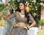 Sage Teal Pastel Floral Hand-Embroidered Couture Lehenga