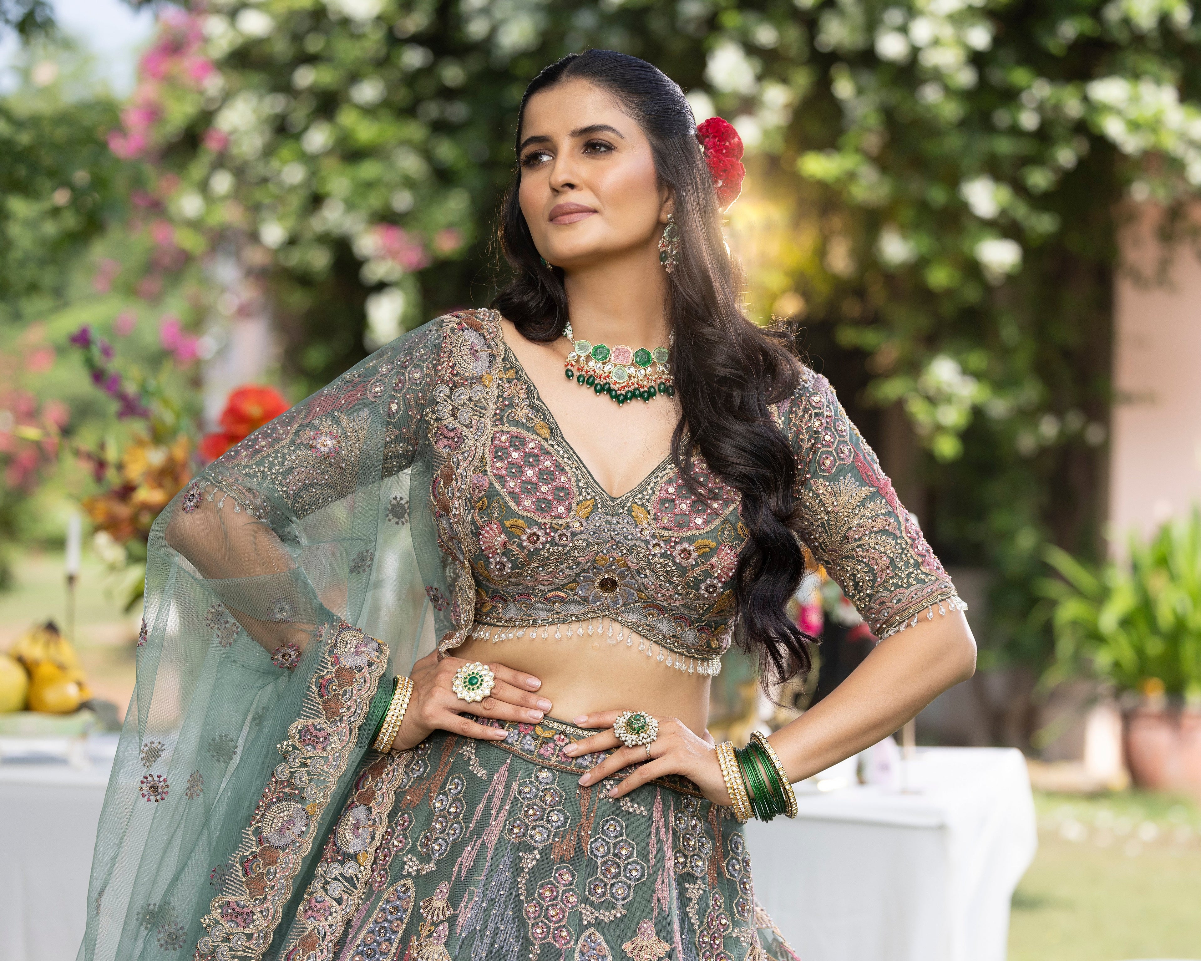 Sage Teal Pastel Floral Hand-Embroidered Couture Lehenga