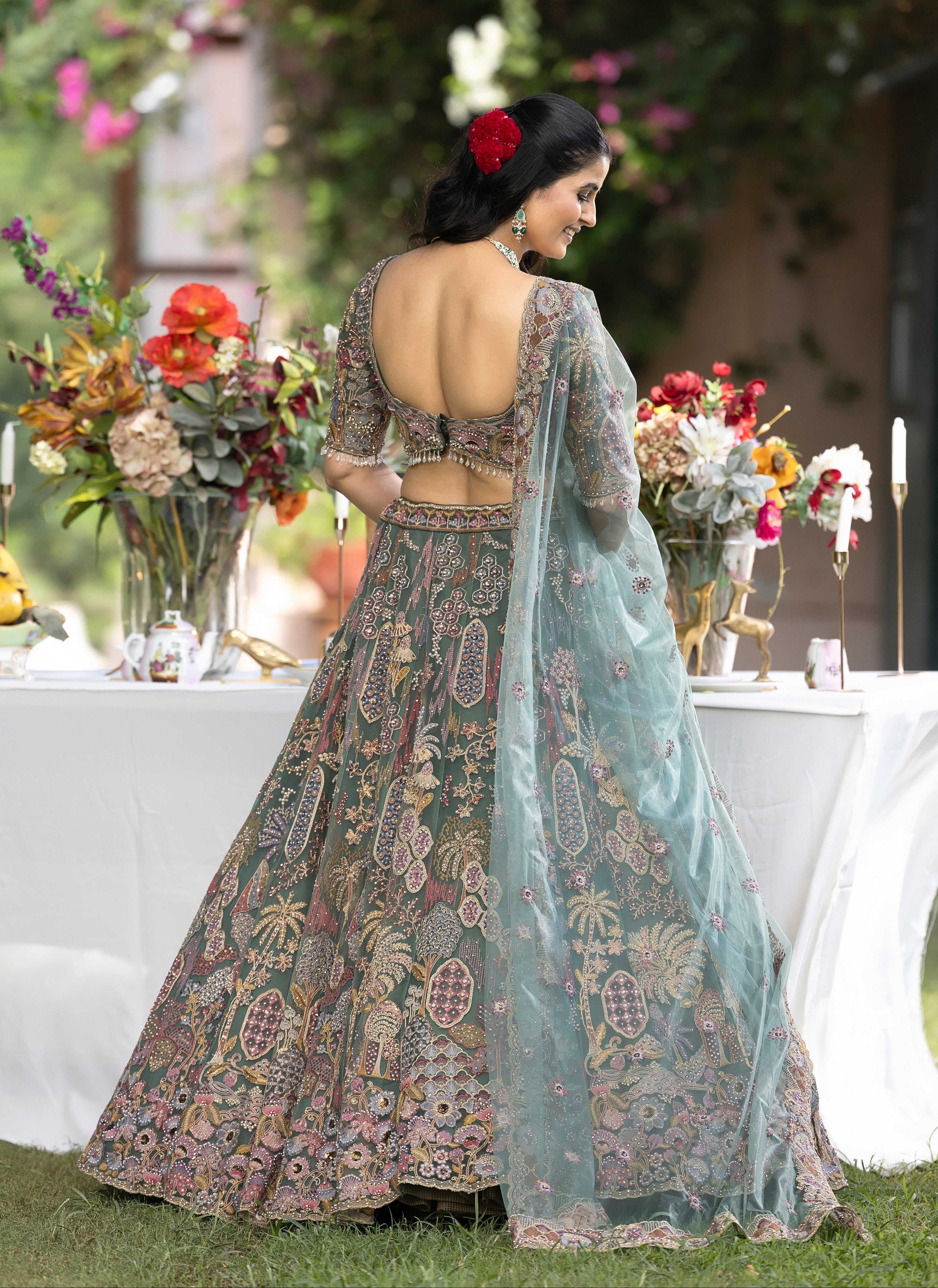 Sage Teal Pastel Floral Hand-Embroidered Couture Lehenga