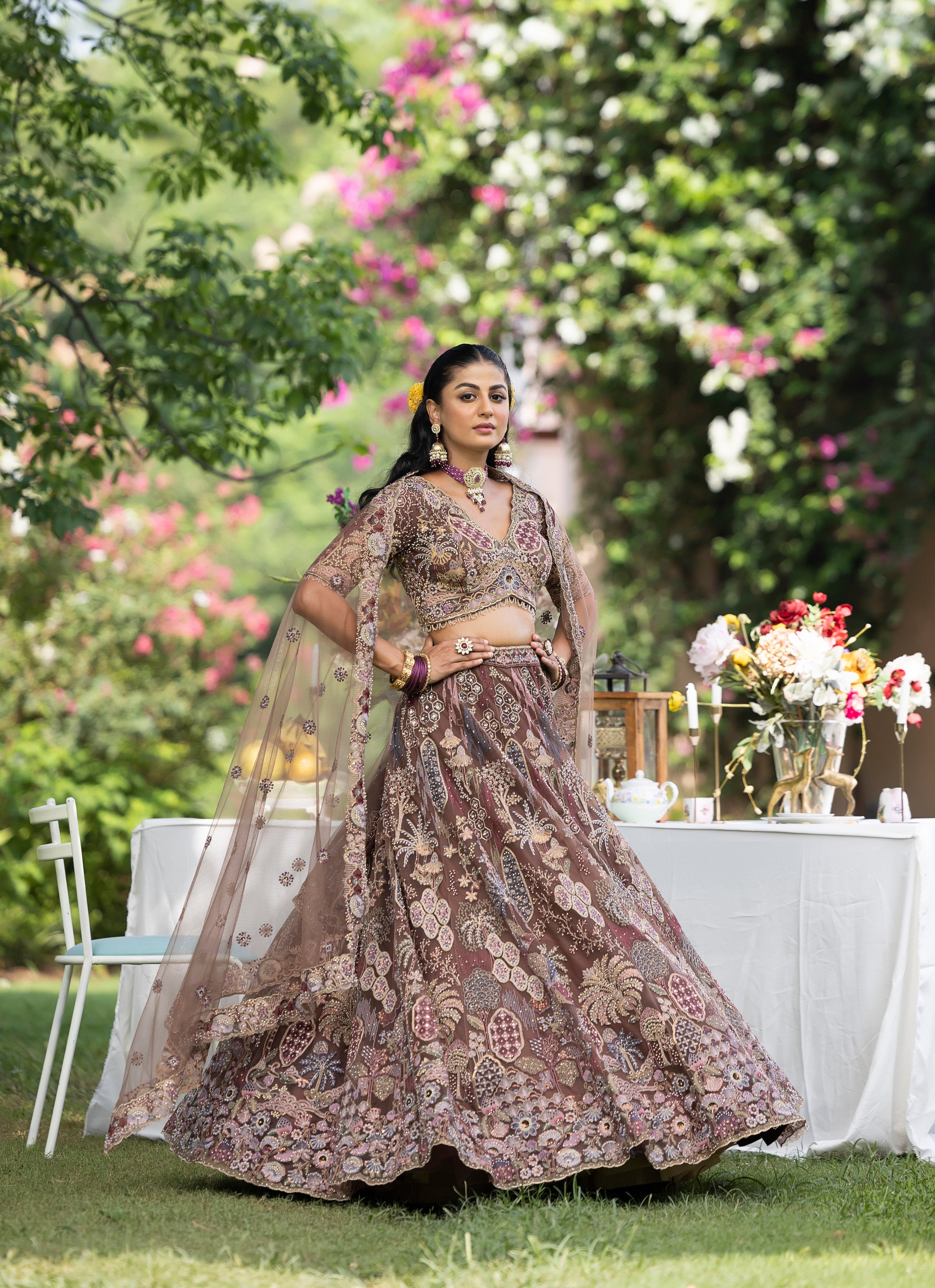 Luxury Brown Net Lehenga with Paisley & Floral Multi-Thread Work