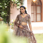 Luxury Brown Net Lehenga with Paisley & Floral Multi-Thread Work