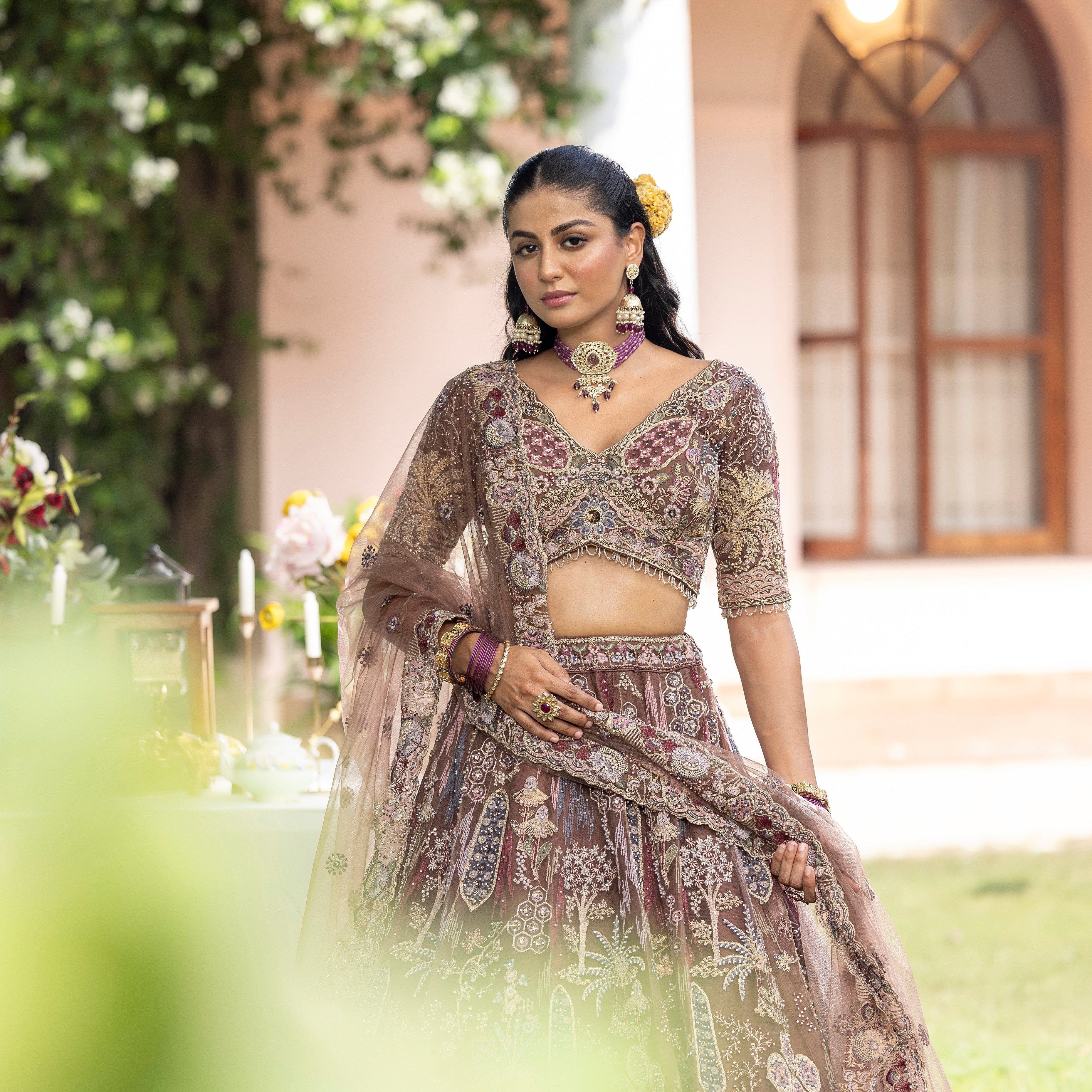 Luxury Brown Net Lehenga with Paisley & Floral Multi-Thread Work