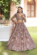 Luxury Brown Net Lehenga with Paisley & Floral Multi-Thread Work