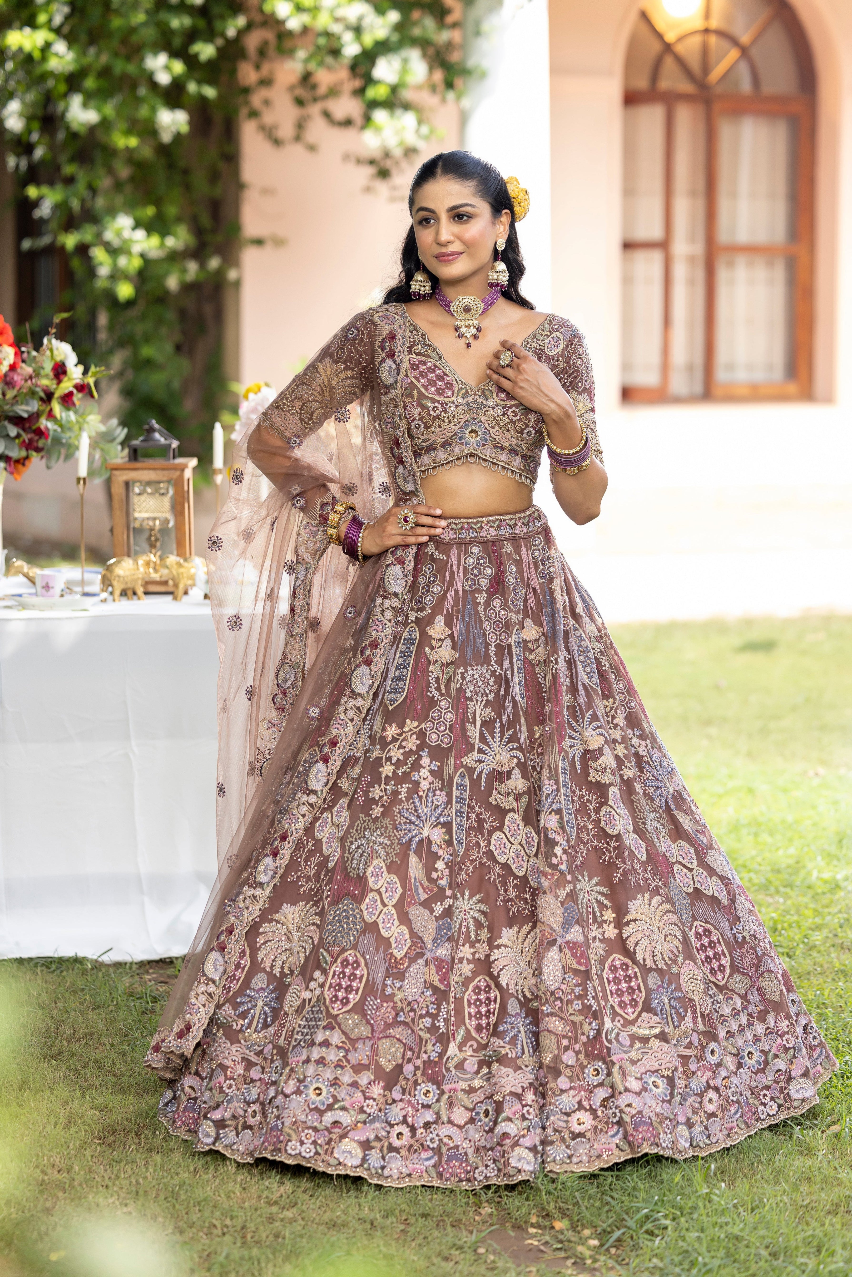 Luxury Brown Net Lehenga with Paisley & Floral Multi-Thread Work