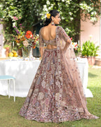 Luxury Brown Net Lehenga with Paisley & Floral Multi-Thread Work