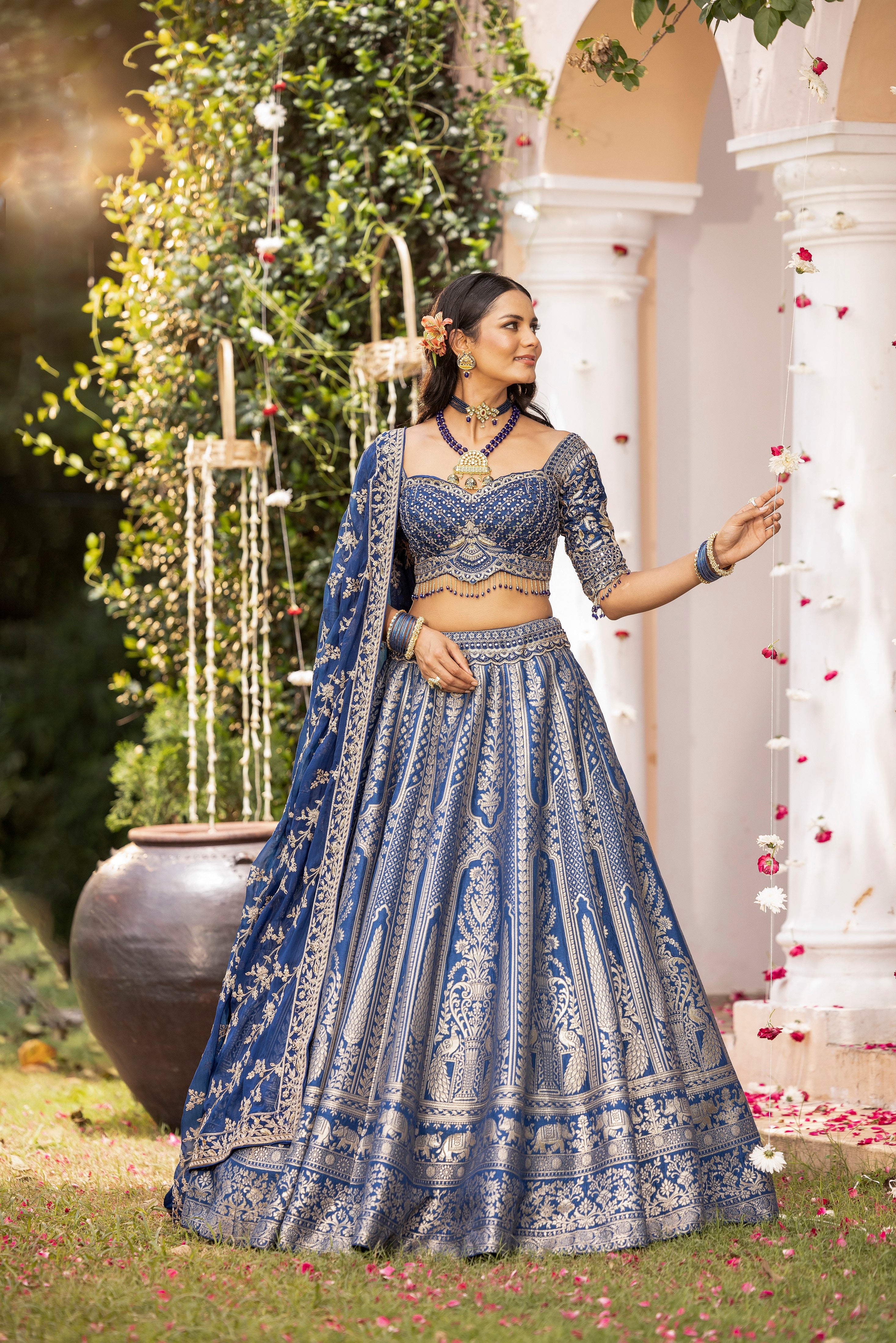 Blue Sovereign Zari Brocade Couture Lehenga