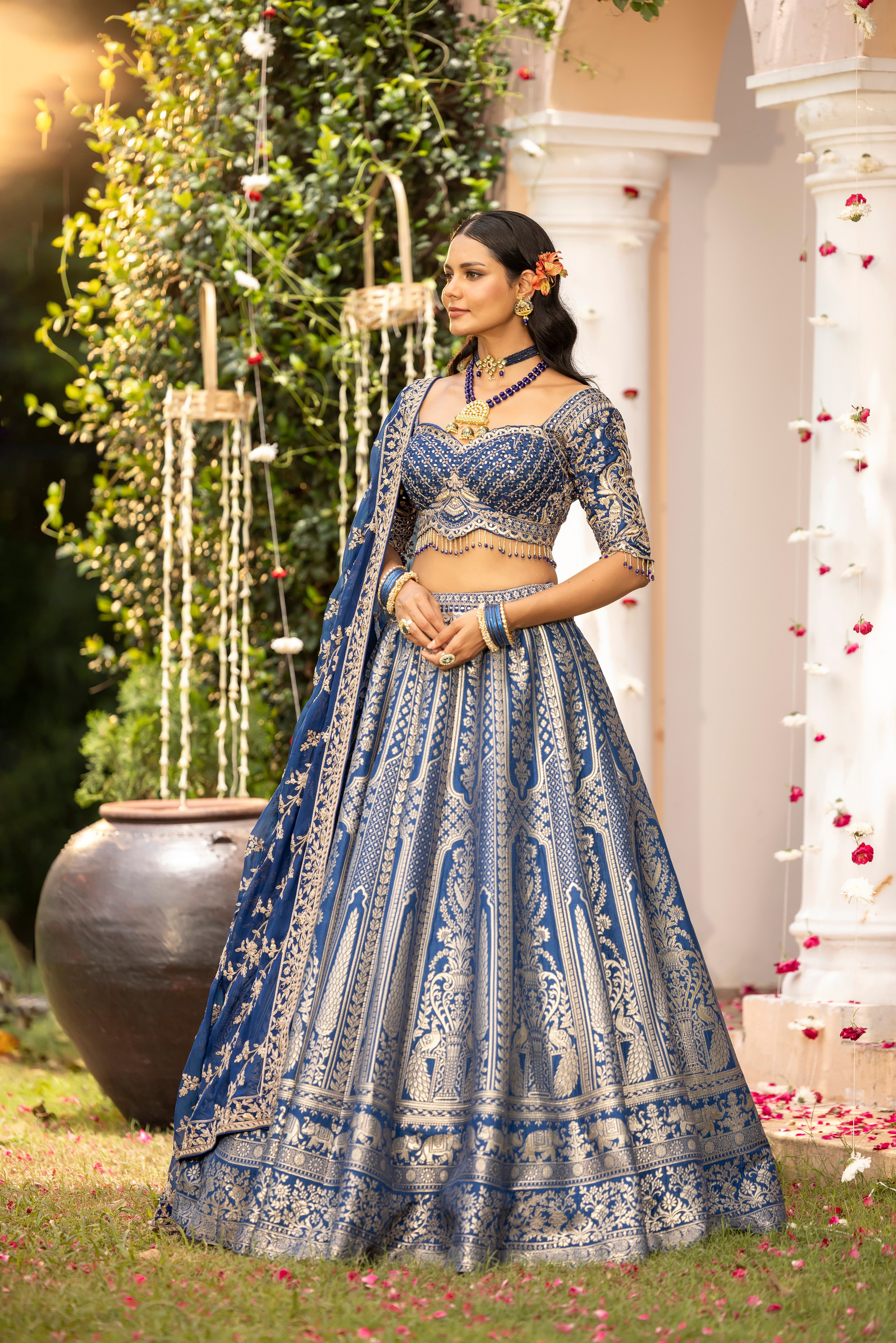 Blue Sovereign Zari Brocade Couture Lehenga