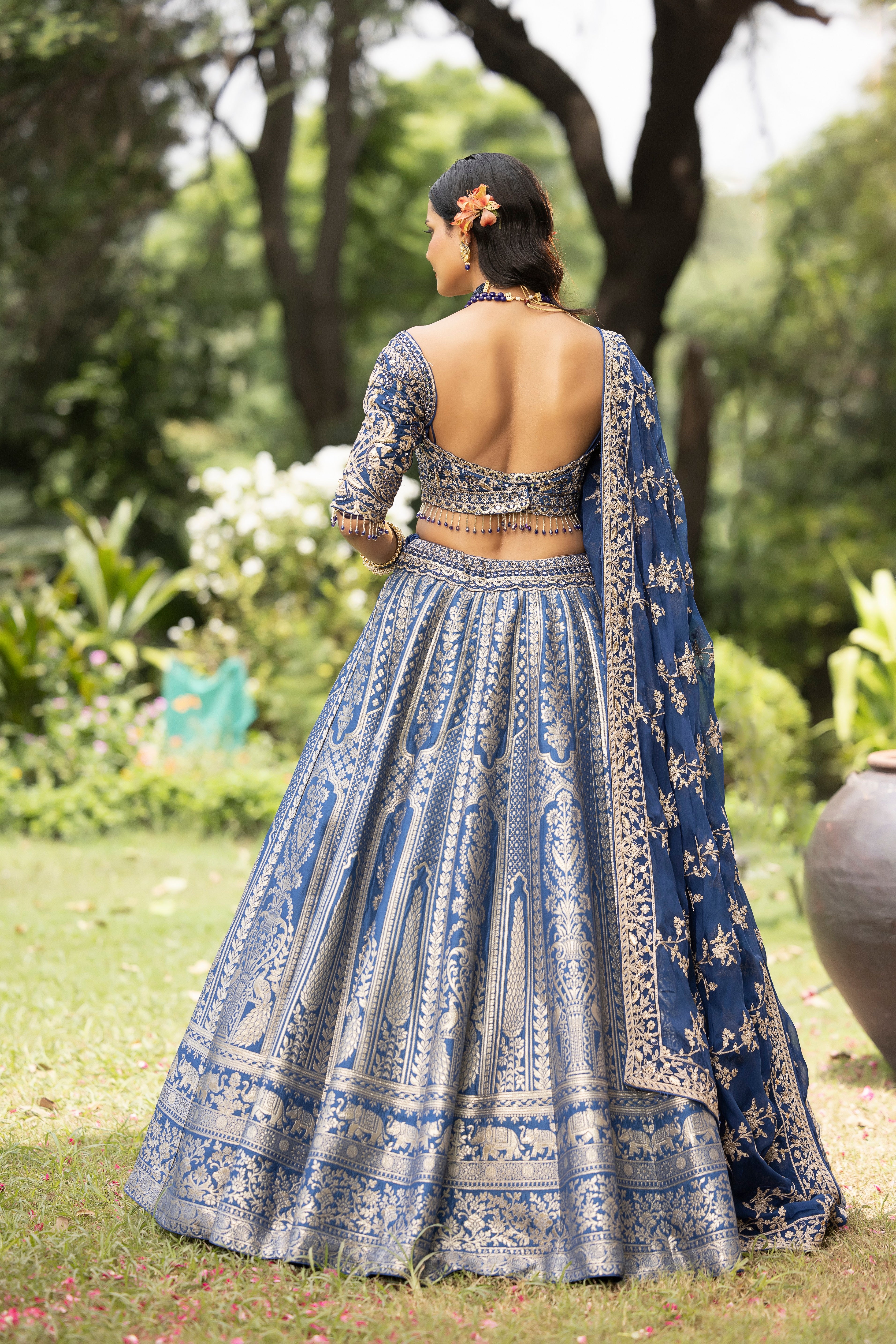Blue Sovereign Zari Brocade Couture Lehenga