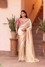 Imperial Ivory Silk Saree with Red Hand-Embroidered Blouse