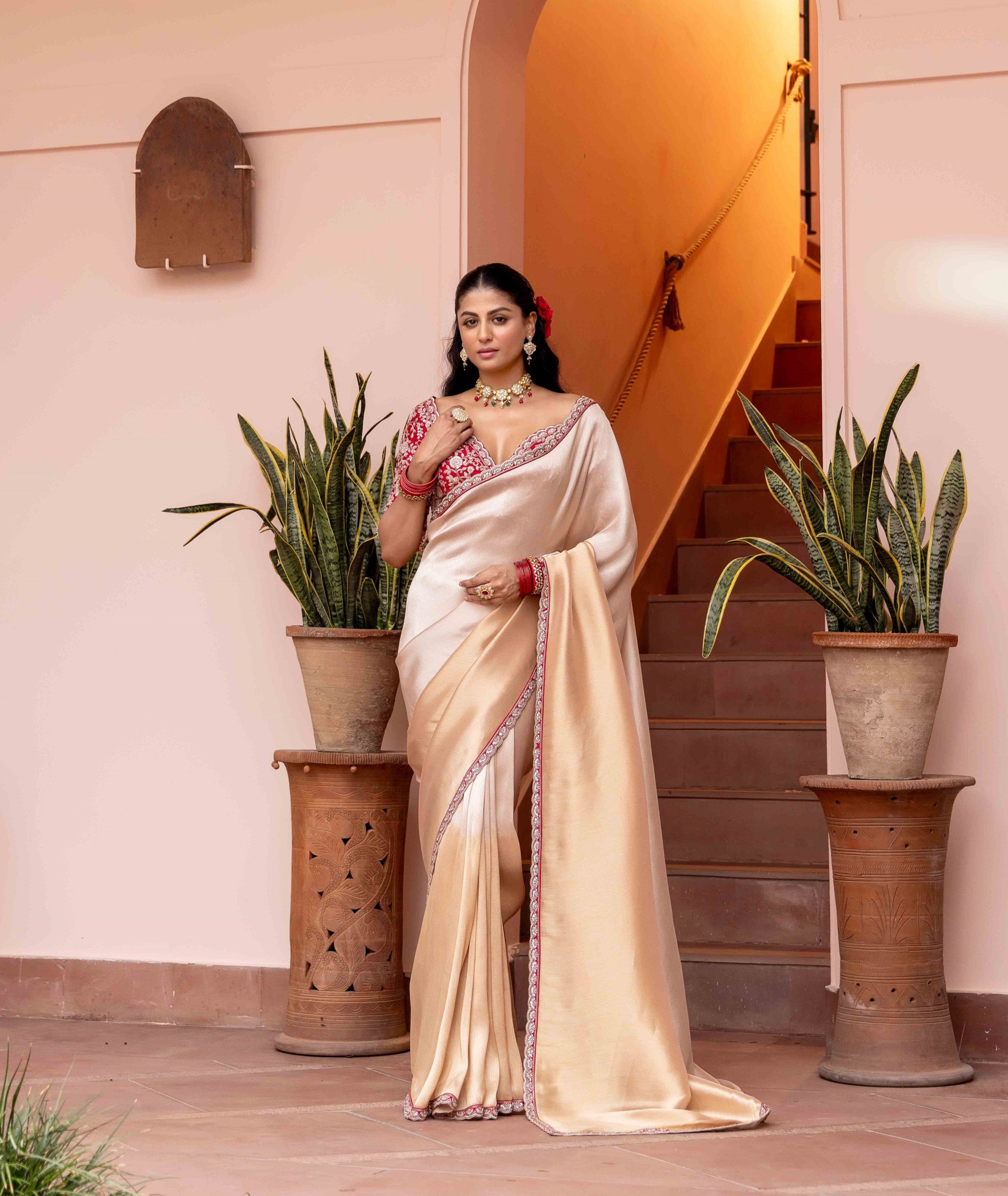 Imperial Ivory Silk Saree with Red Hand-Embroidered Blouse