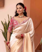 Imperial Ivory Silk Saree with Red Hand-Embroidered Blouse