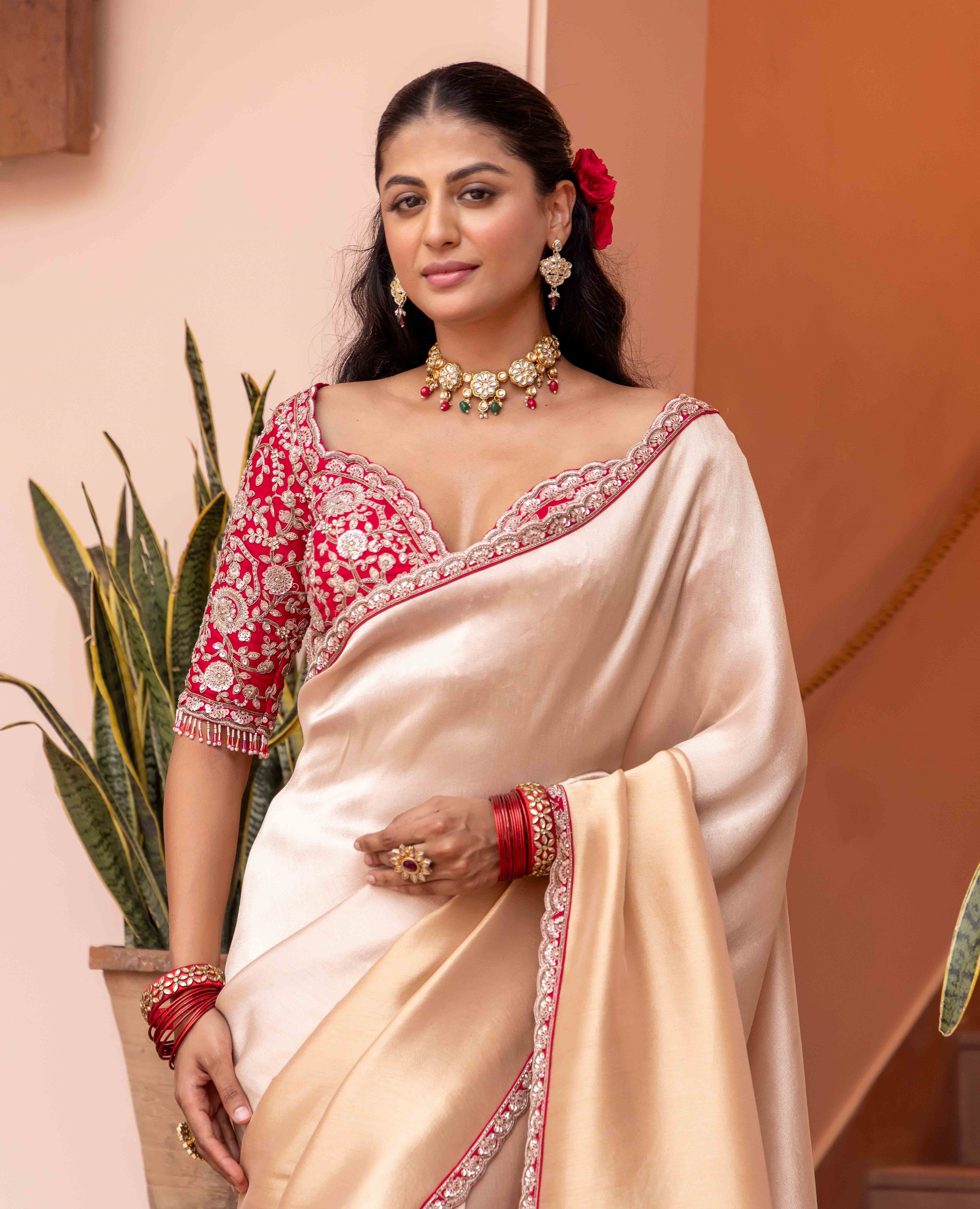 Imperial Ivory Silk Saree with Red Hand-Embroidered Blouse