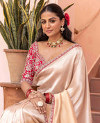 Imperial Ivory Silk Saree with Red Hand-Embroidered Blouse
