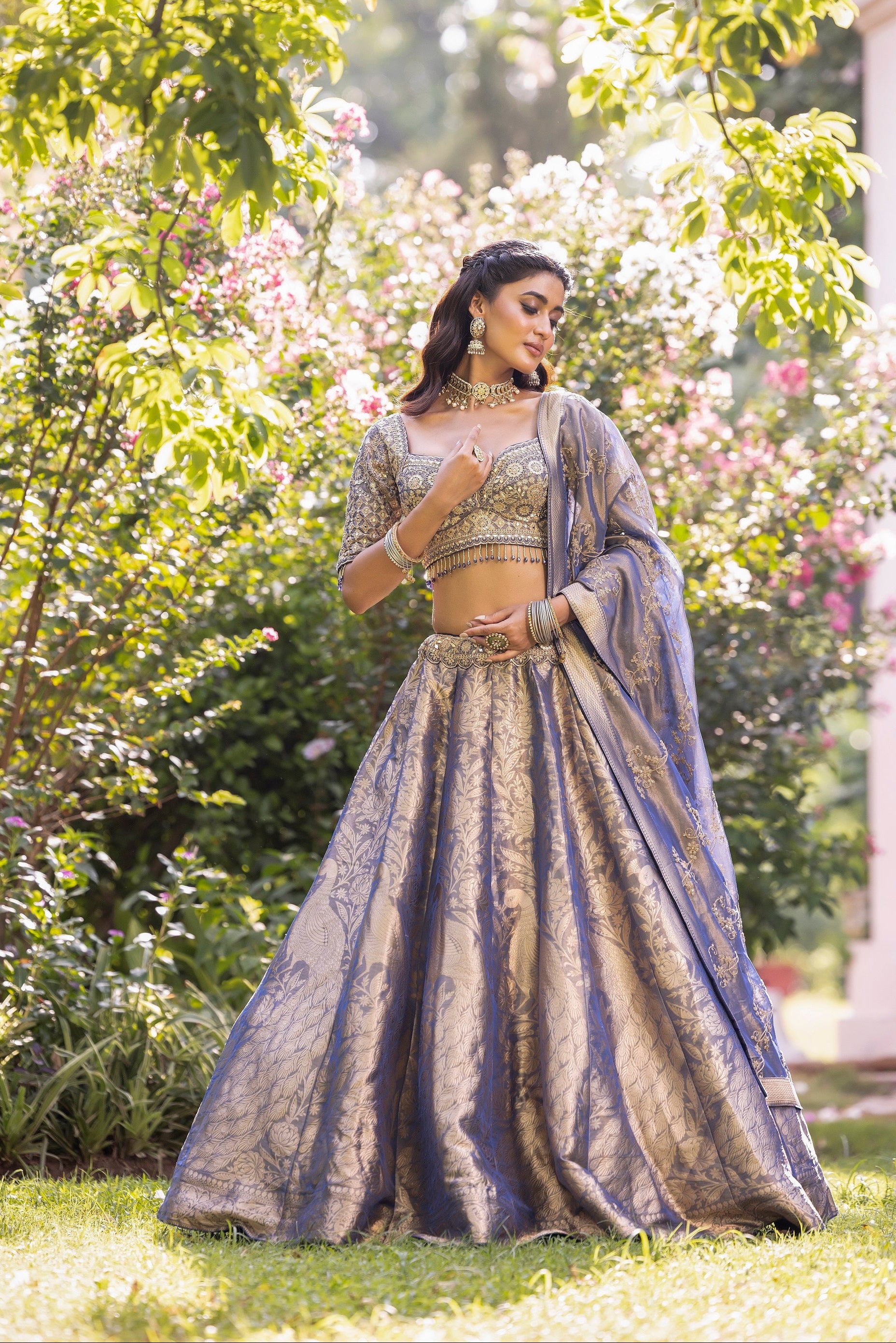 Frosted Azure Empress Brocade Couture Lehenga