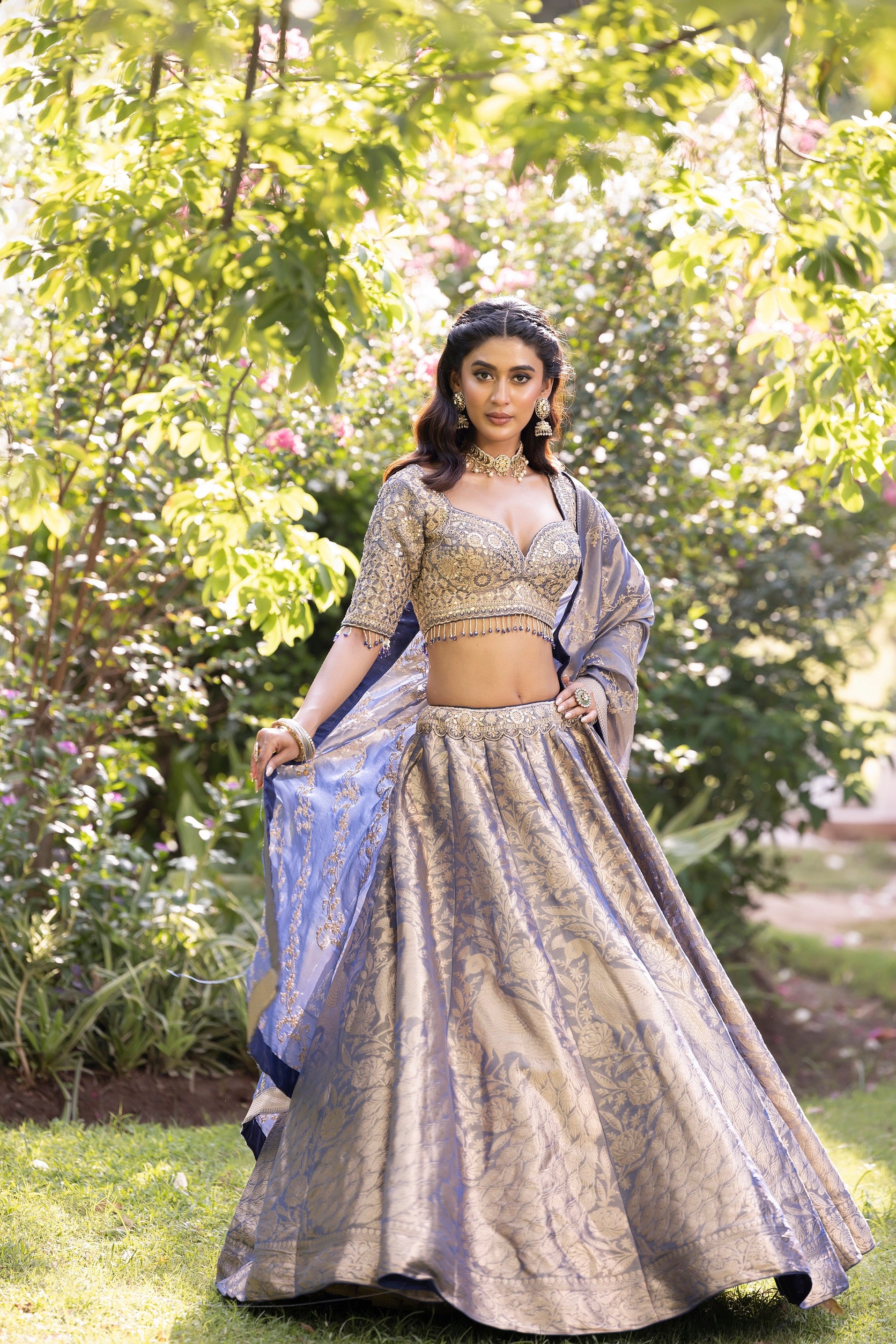 Frosted Azure Empress Brocade Couture Lehenga
