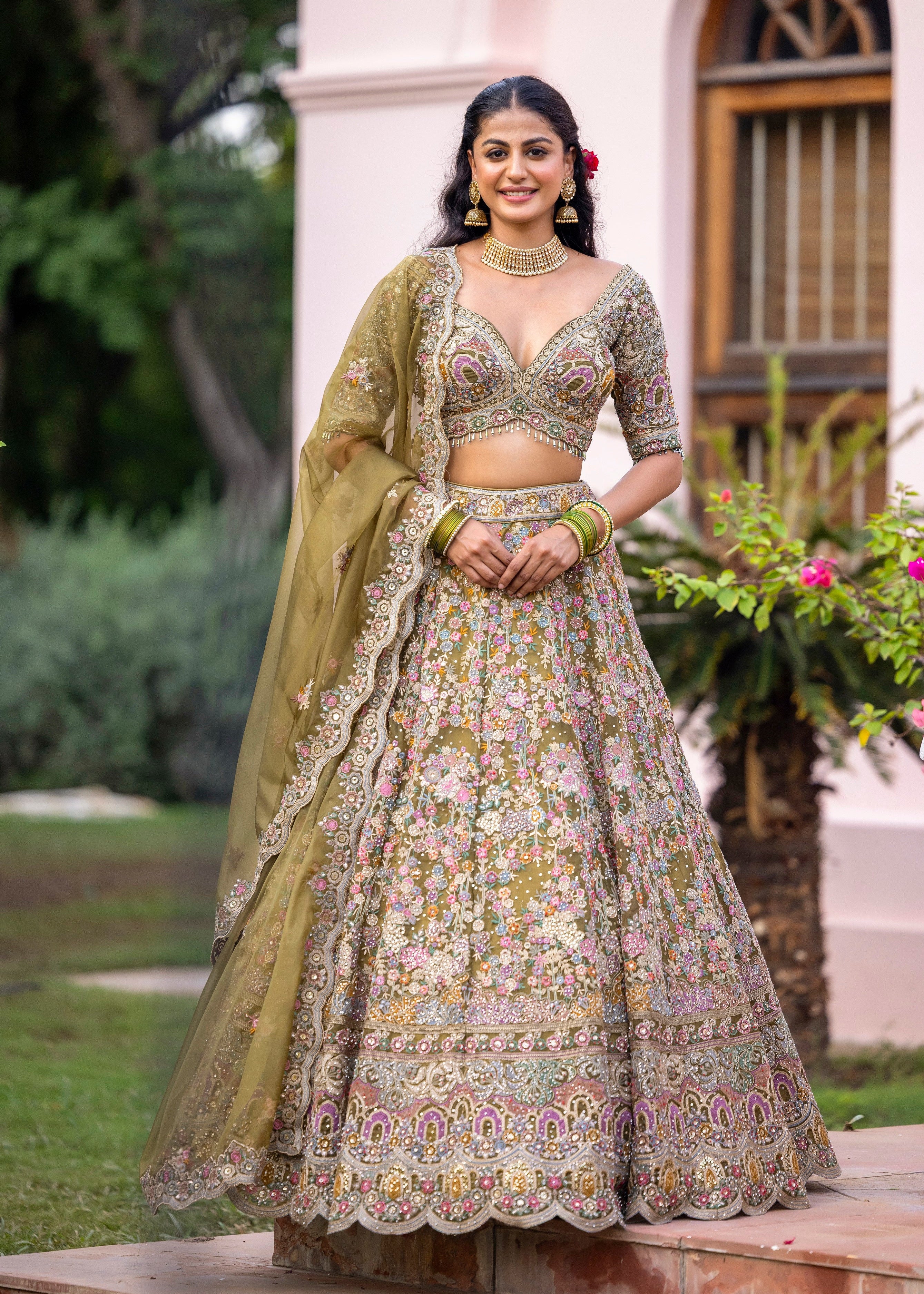 Mehendi Blossom Garden Embroidered Lehenga