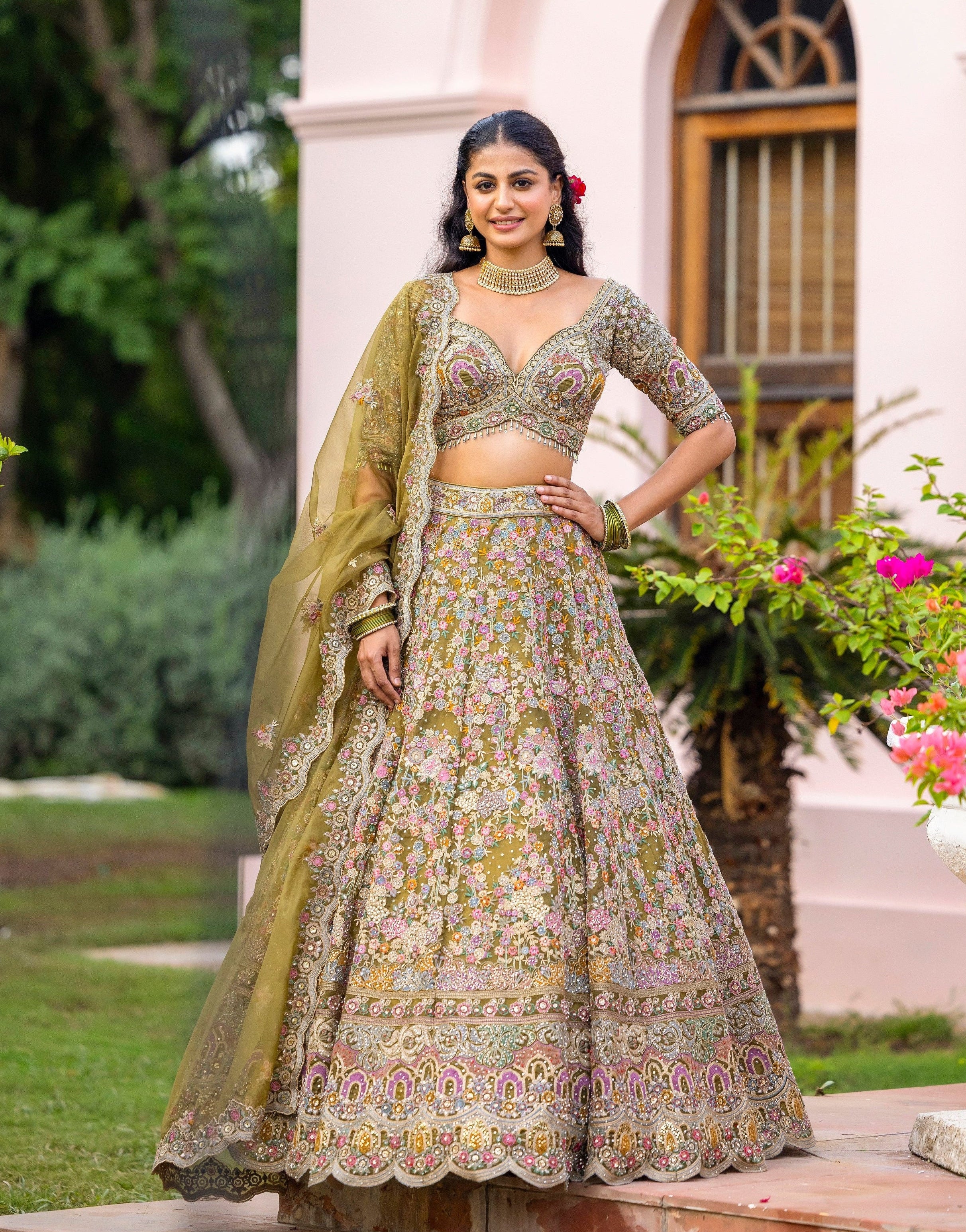 Mehendi Blossom Garden Embroidered Lehenga