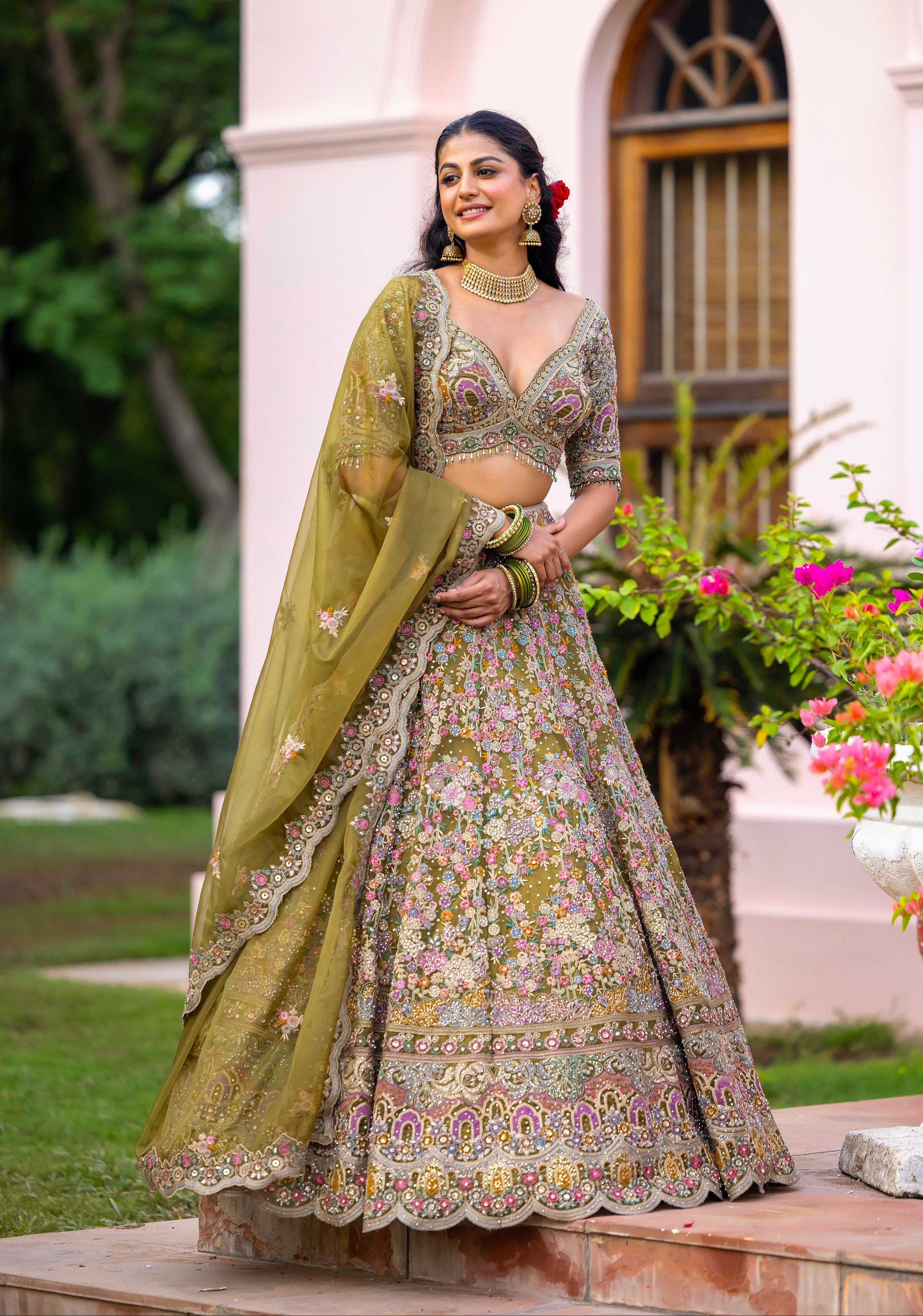 Mehendi Blossom Garden Embroidered Lehenga