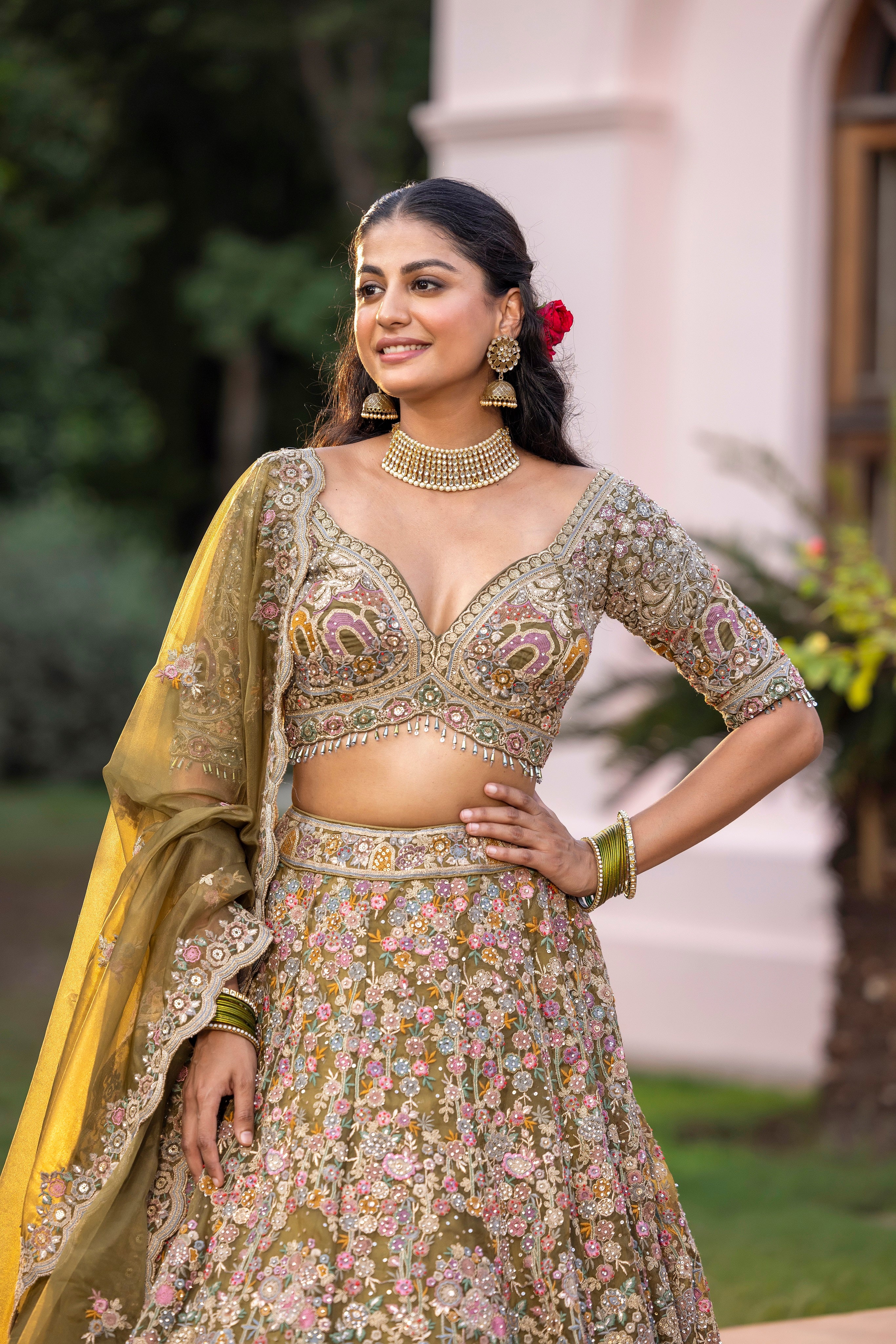 Mehendi Blossom Garden Embroidered Lehenga