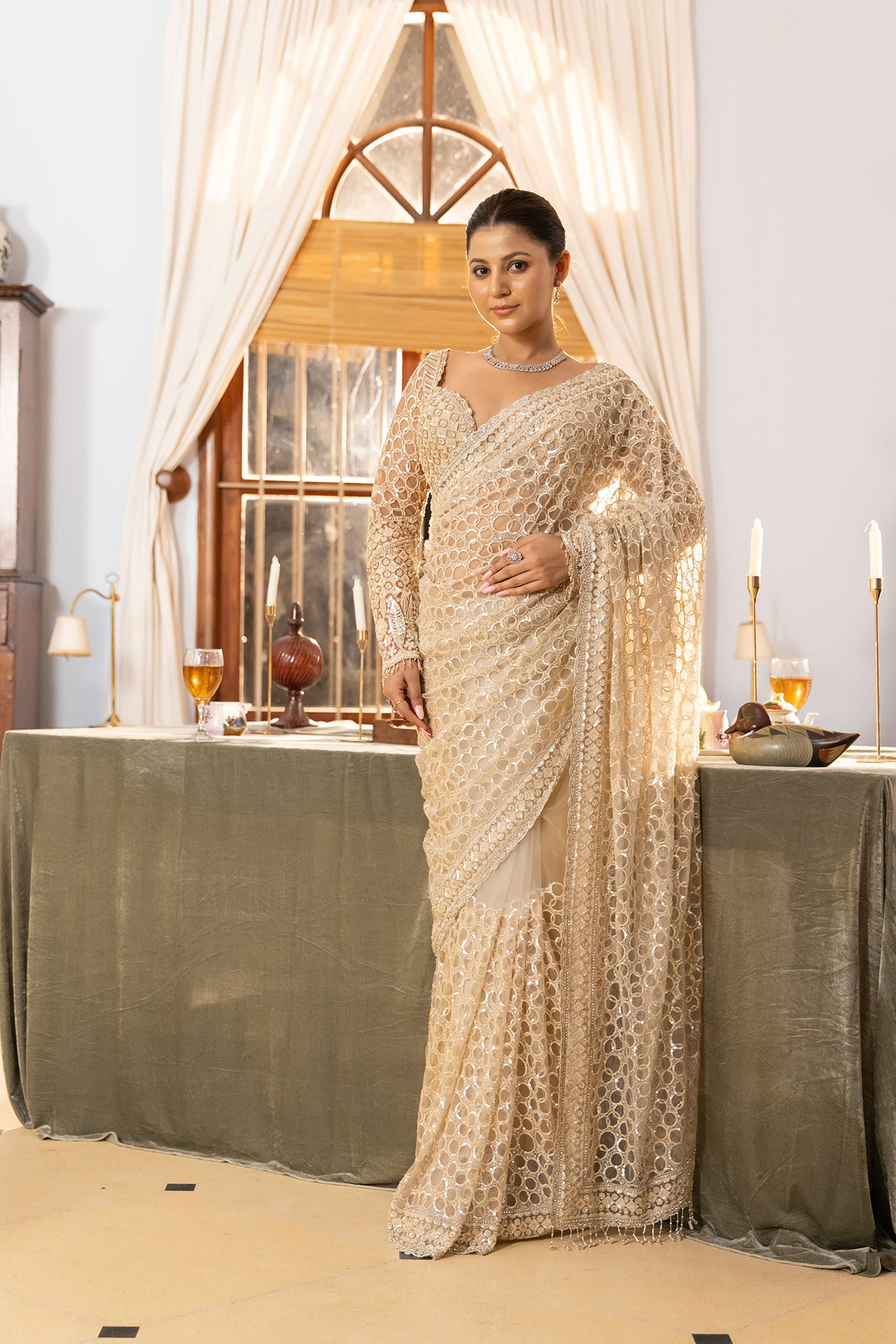 Champagne Mirror Royale Hand-Embellished Saree