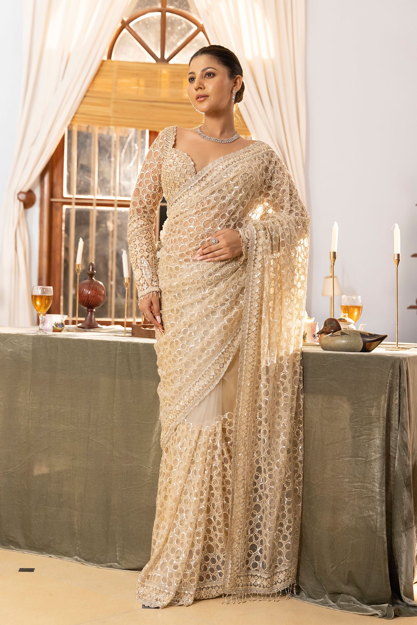 Champagne Mirror Royale Hand-Embellished Saree