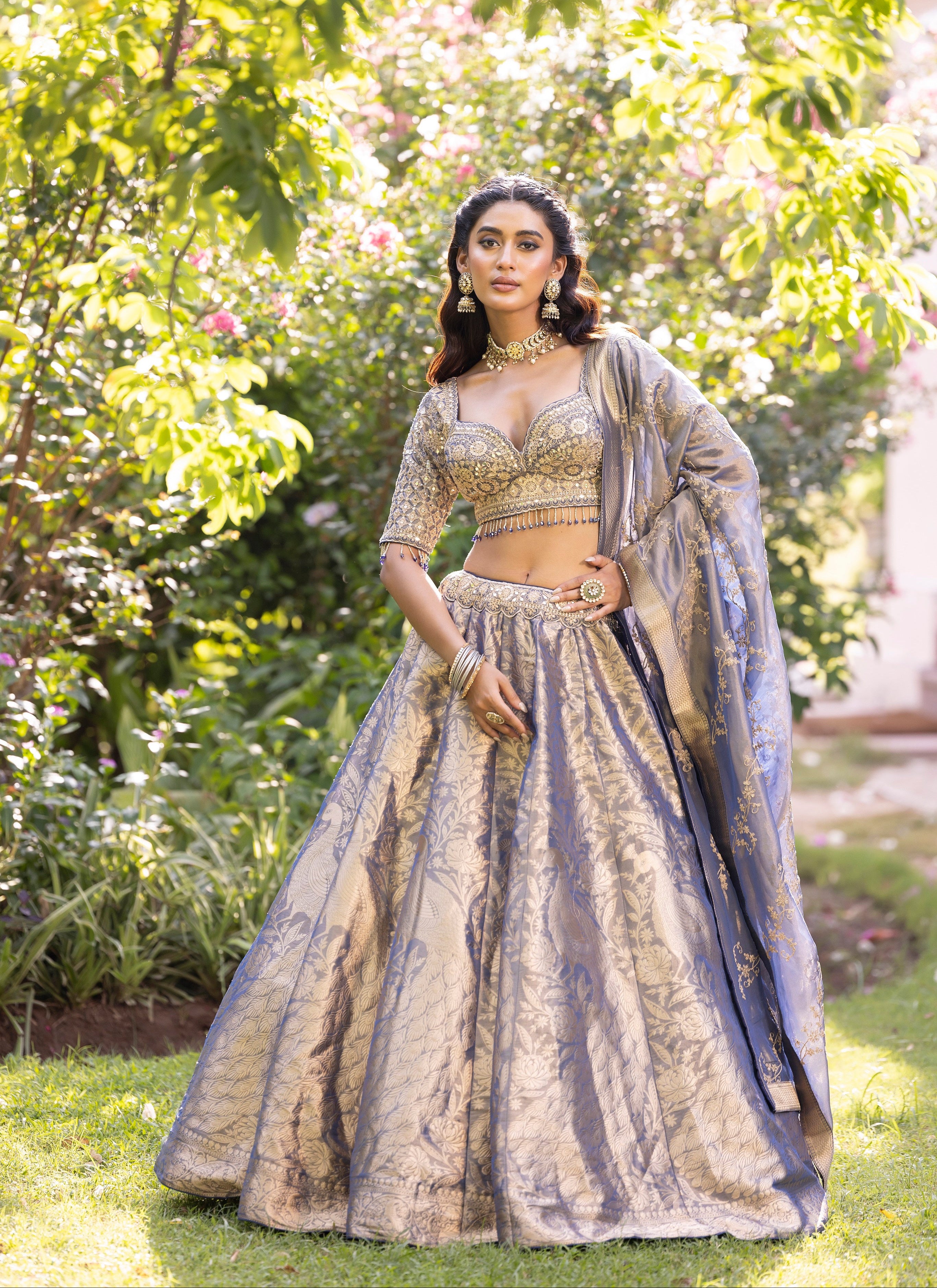 Frosted Azure Empress Brocade Couture Lehenga