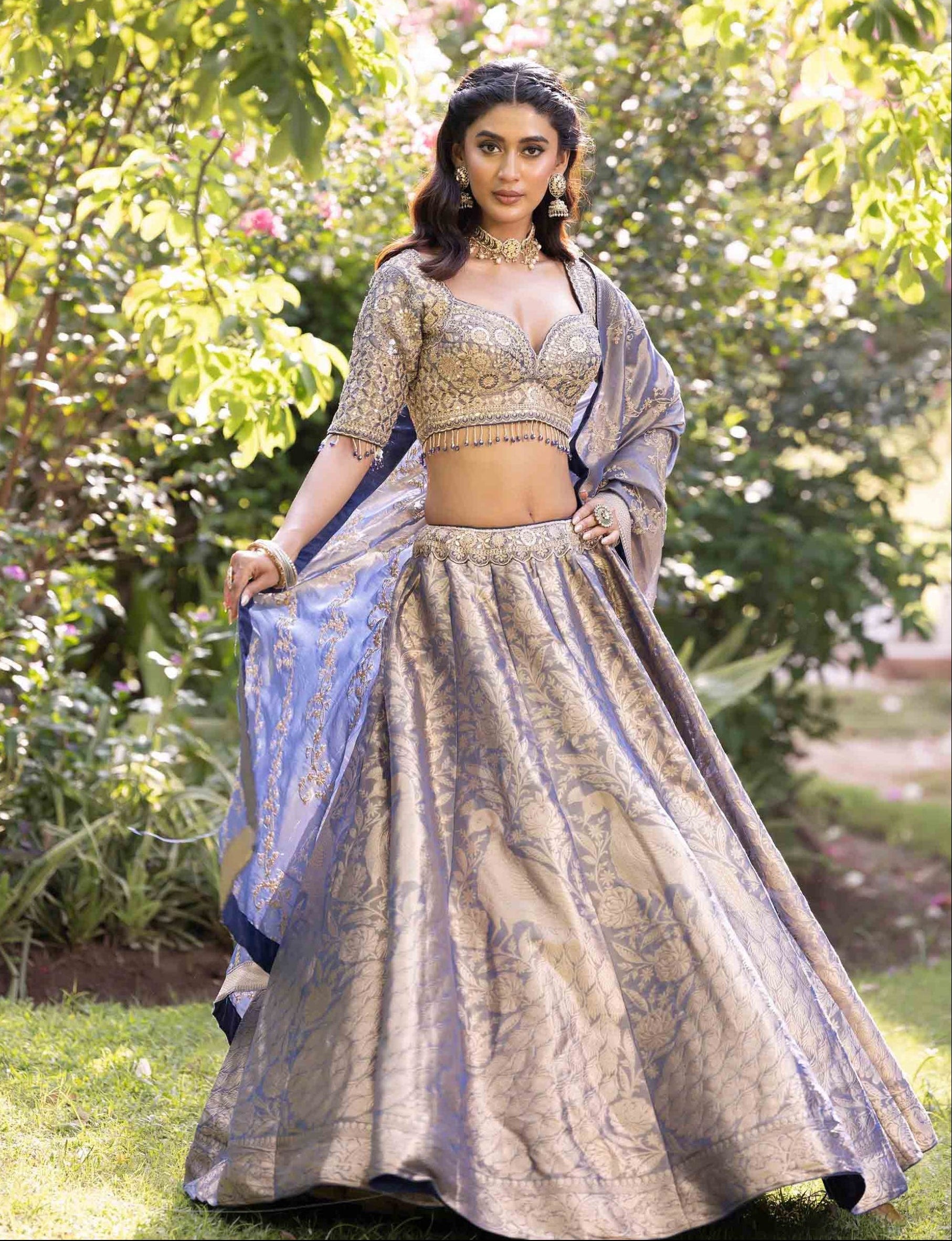Frosted Azure Empress Brocade Couture Lehenga