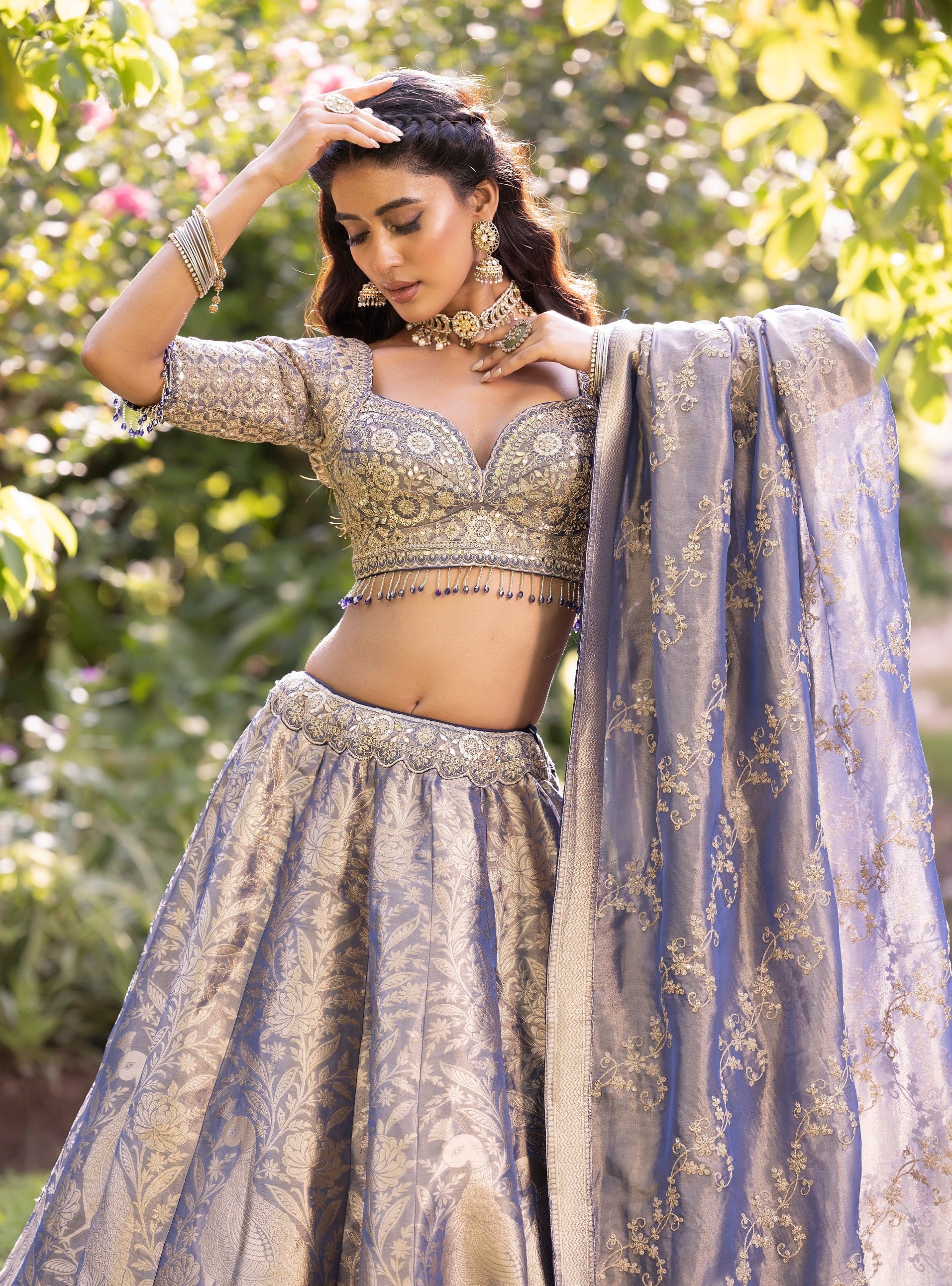 Frosted Azure Empress Brocade Couture Lehenga