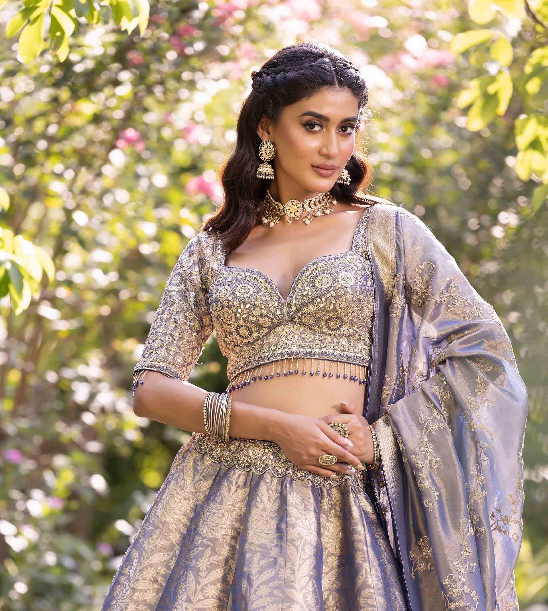 Frosted Azure Empress Brocade Couture Lehenga