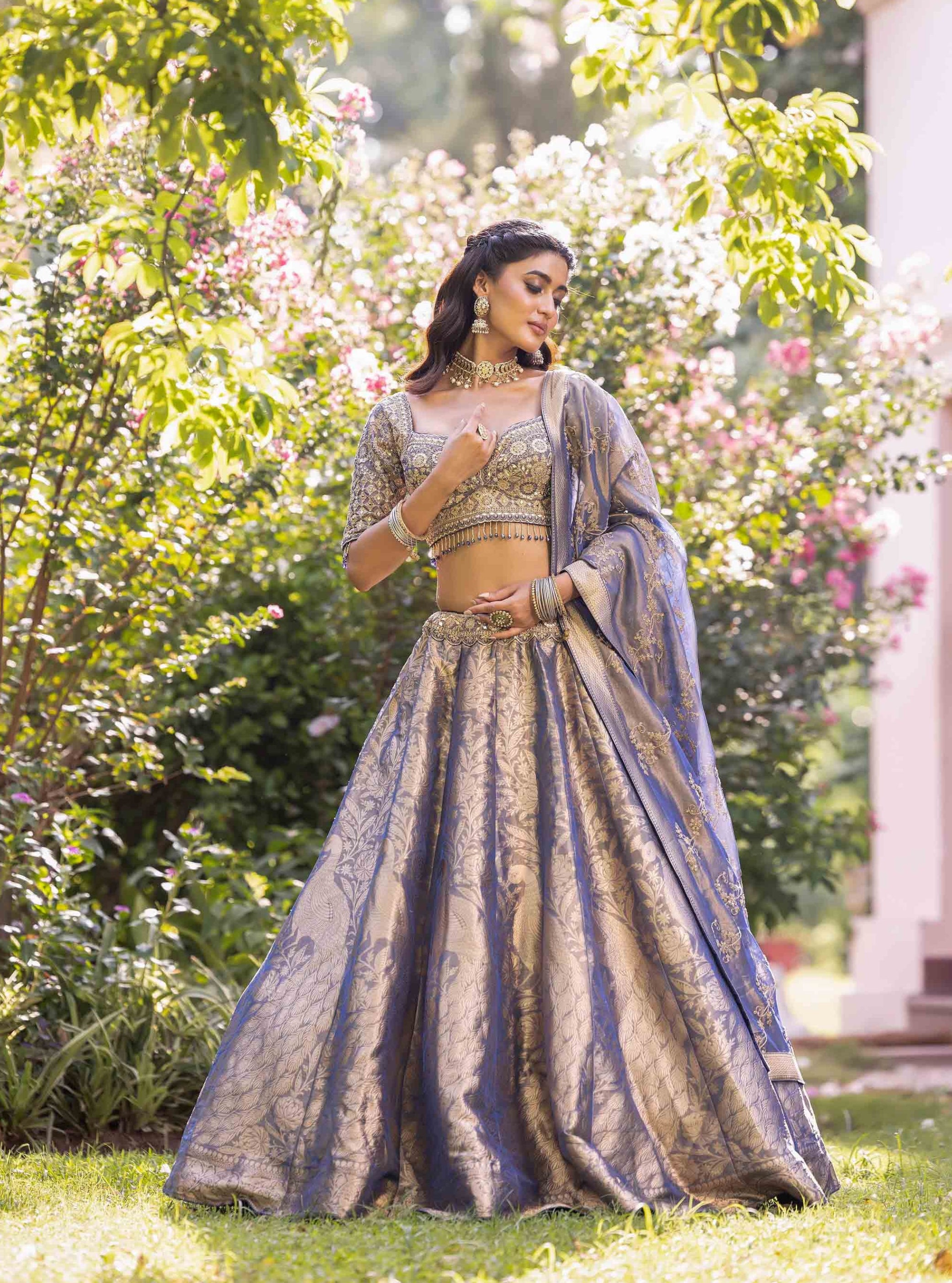Frosted Azure Empress Brocade Couture Lehenga