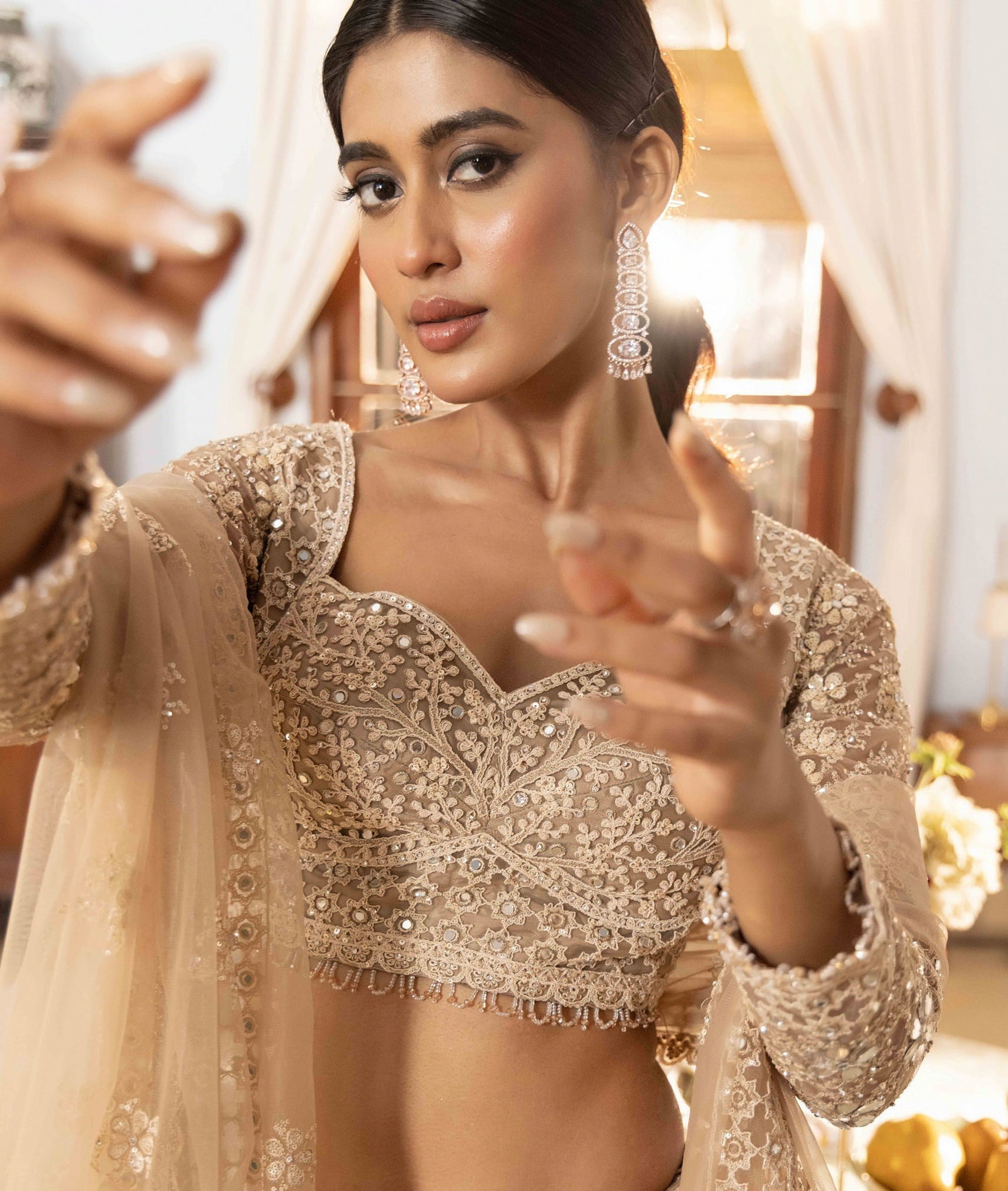 Gold Mirror-Work Heavy Embroidered Lehenga