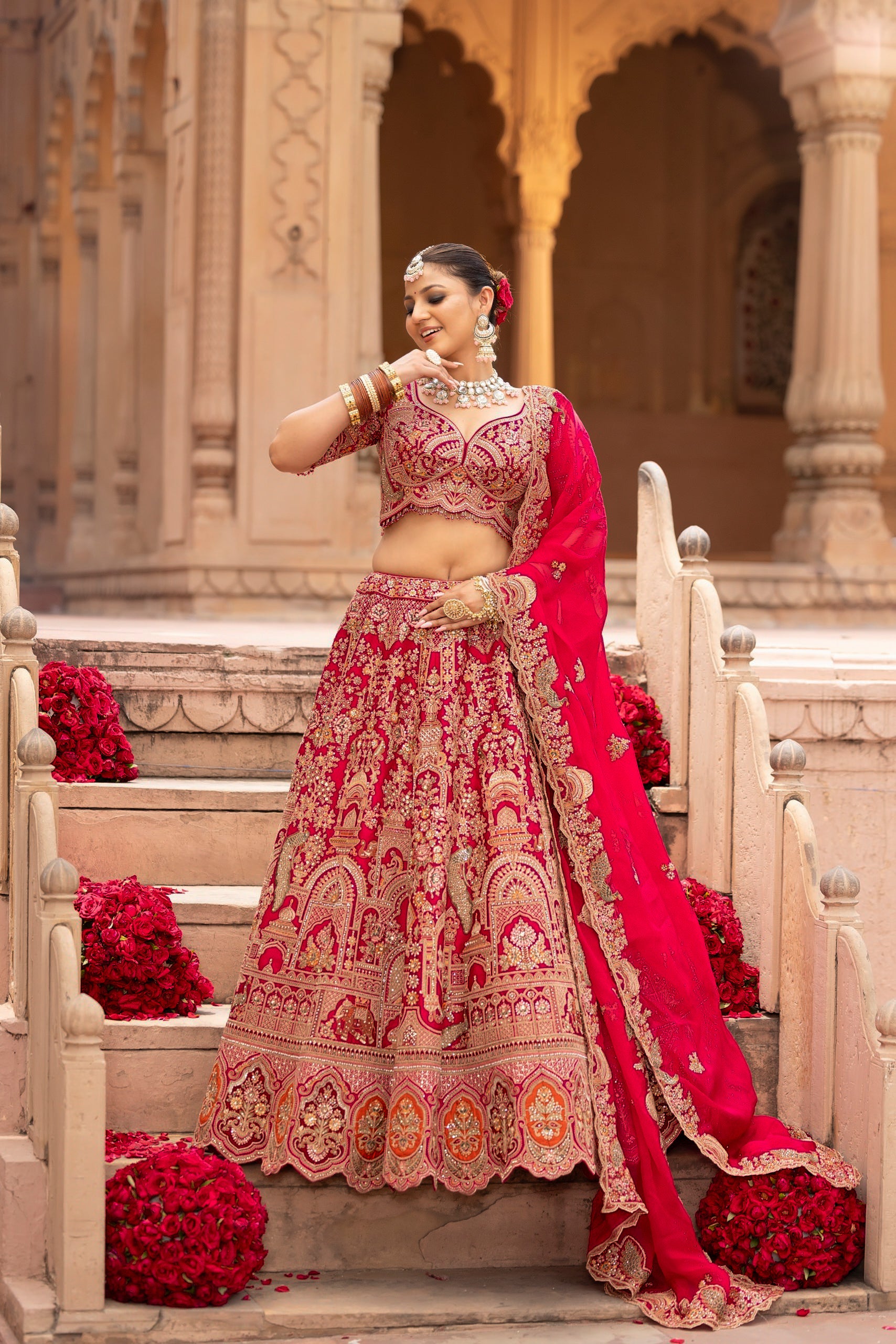 Crimson Blossom Palace Embroidered Bridal Lehenga