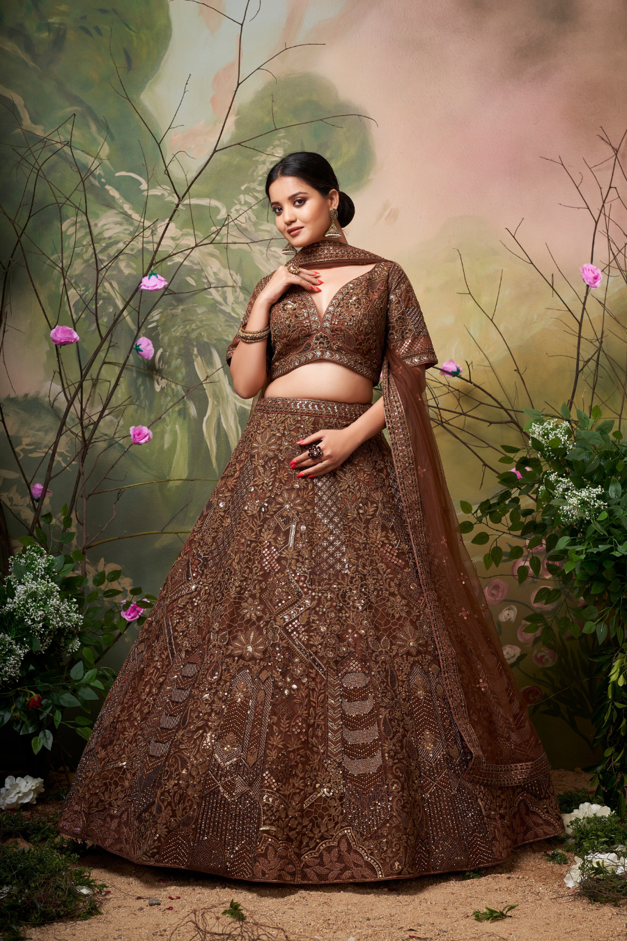ZEENAT BROWN GOLD SEQUIN EMBROIDERED LEHENGA SET