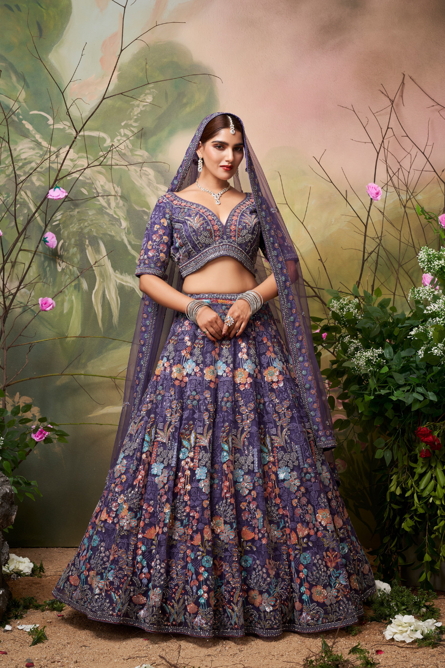 FIRDAUS MIDNIGHT PURPLE FLORAL EMBROIDERED LEHENGA SET
